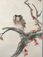 Japanese Boxed Hanging Scroll Kakejiku Vtg Owl Bird Tree Red Leaf Vine KJ136
