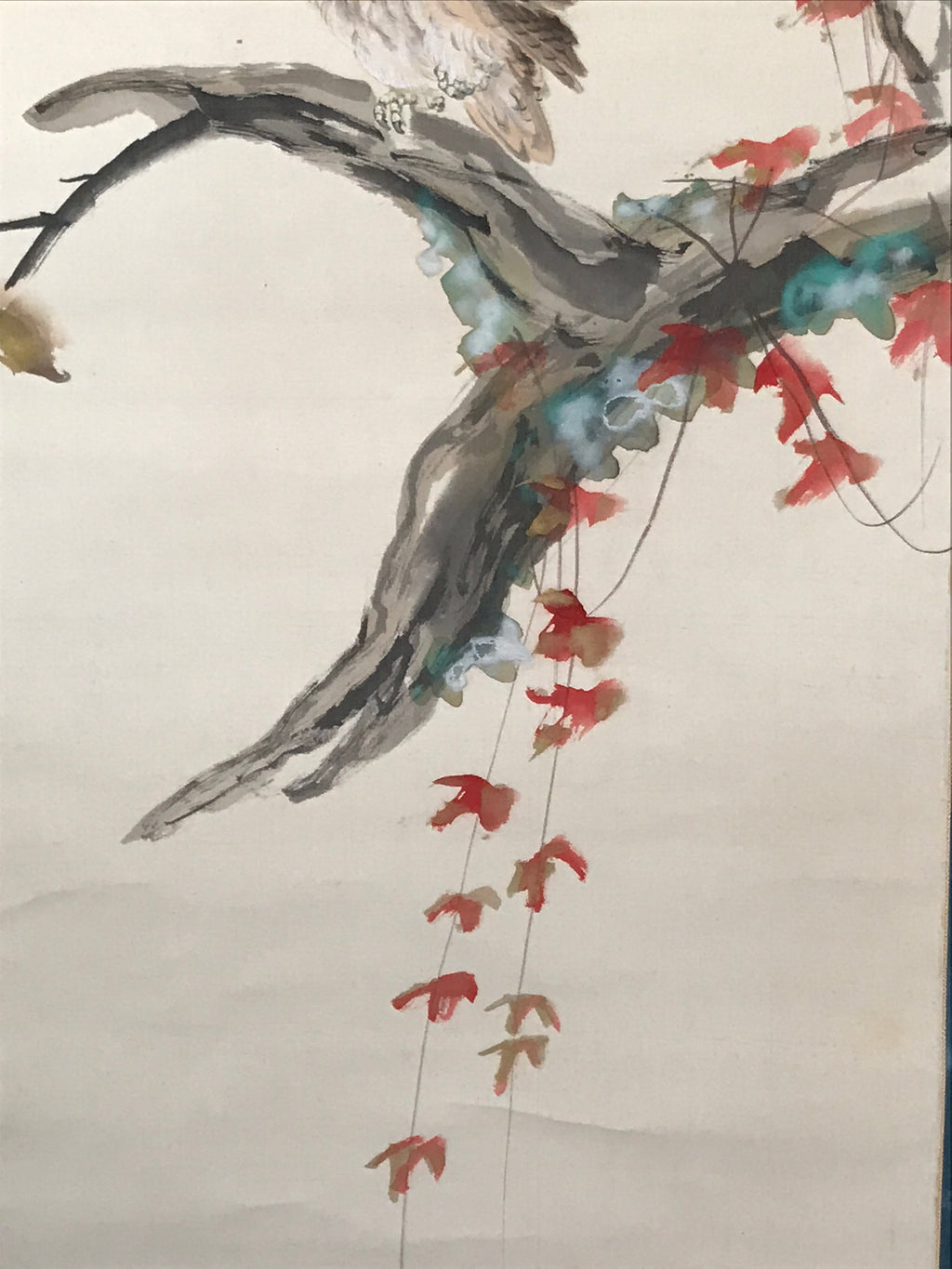 Japanese Boxed Hanging Scroll Kakejiku Vtg Owl Bird Tree Red Leaf Vine KJ136