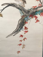 Japanese Boxed Hanging Scroll Kakejiku Vtg Owl Bird Tree Red Leaf Vine KJ136