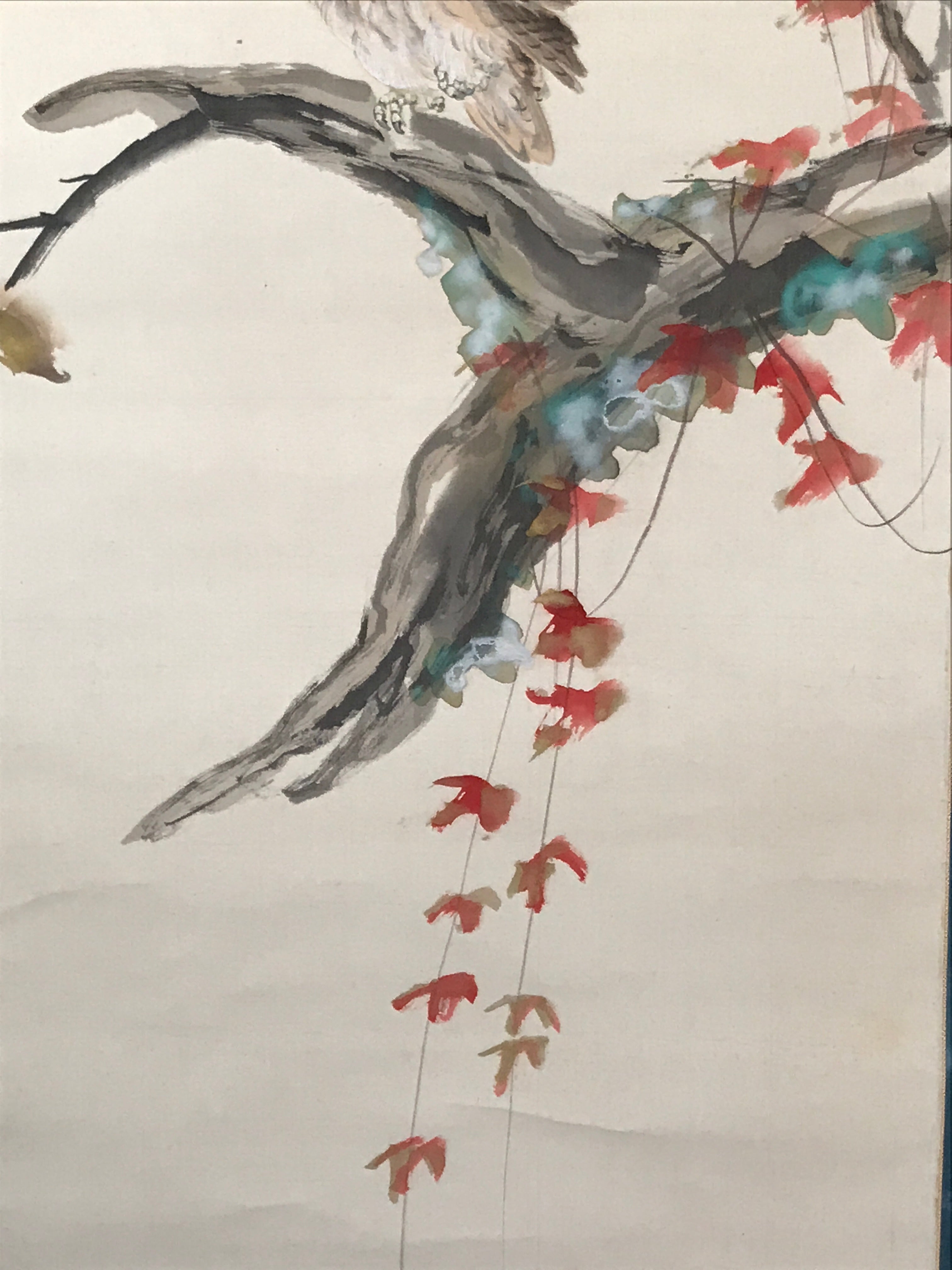 Japanese Boxed Hanging Scroll Kakejiku Vtg Owl Bird Tree Red Leaf Vine KJ136