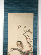 Japanese Boxed Hanging Scroll Kakejiku Vtg Owl Bird Tree Red Leaf Vine KJ136