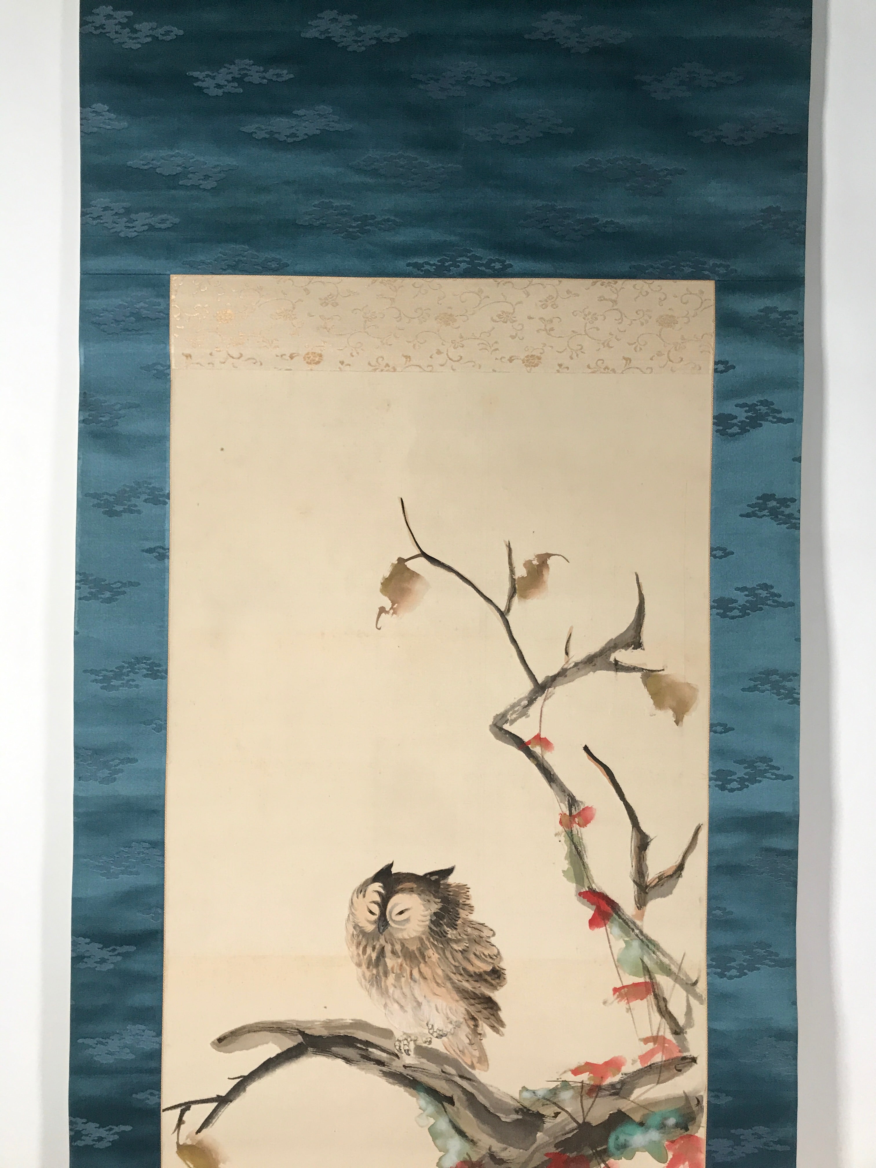 Japanese Boxed Hanging Scroll Kakejiku Vtg Owl Bird Tree Red Leaf Vine KJ136