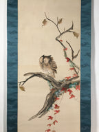 Japanese Boxed Hanging Scroll Kakejiku Vtg Owl Bird Tree Red Leaf Vine KJ136