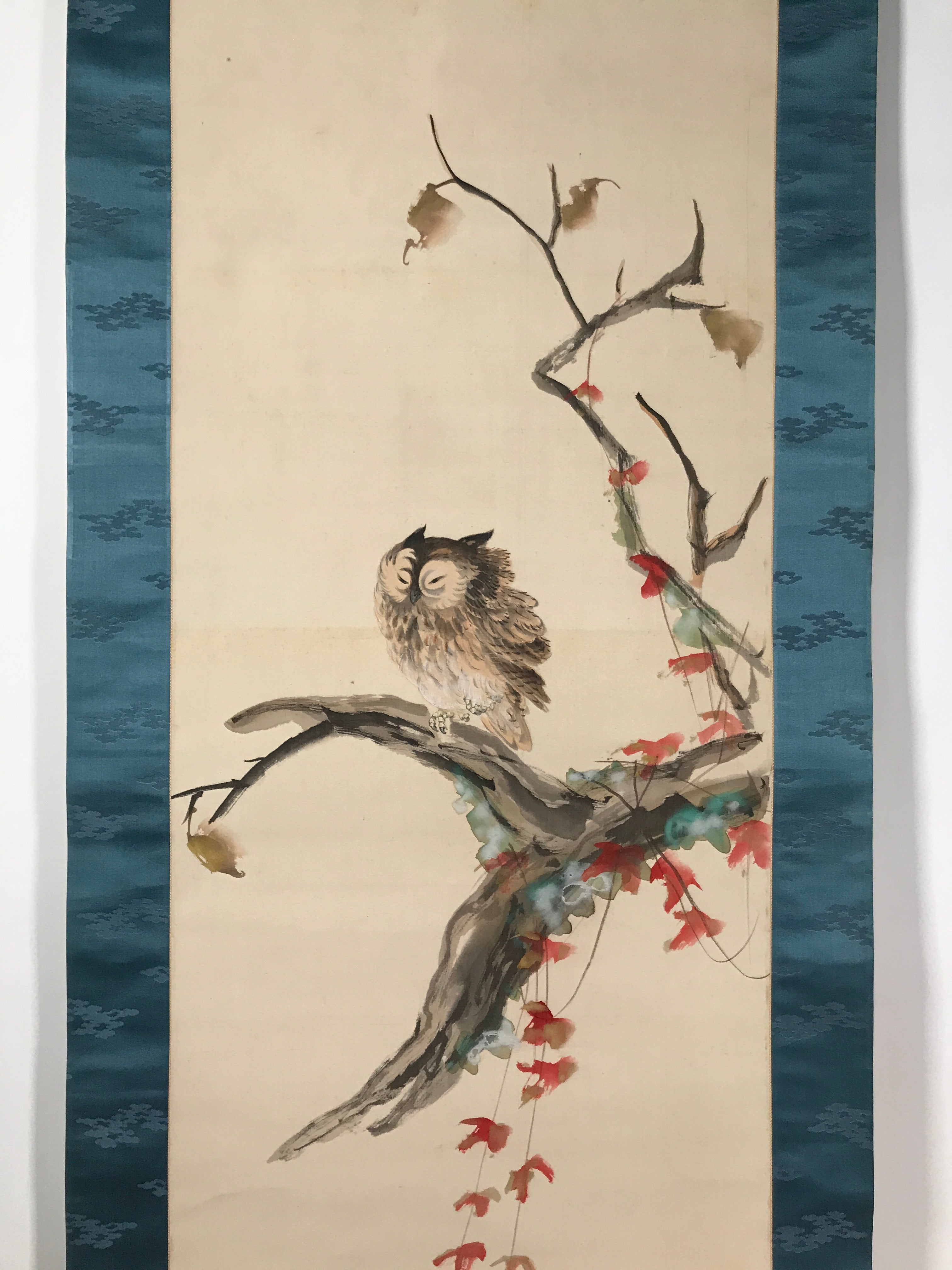 Japanese Boxed Hanging Scroll Kakejiku Vtg Owl Bird Tree Red Leaf Vine KJ136
