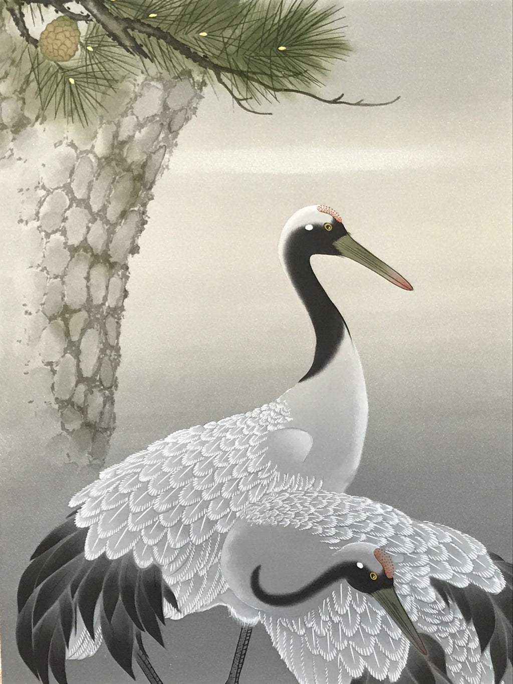 Japanese Boxed Hanging Scroll Kakejiku Vtg Pine Tree Cranes Red Sun Color KJ133