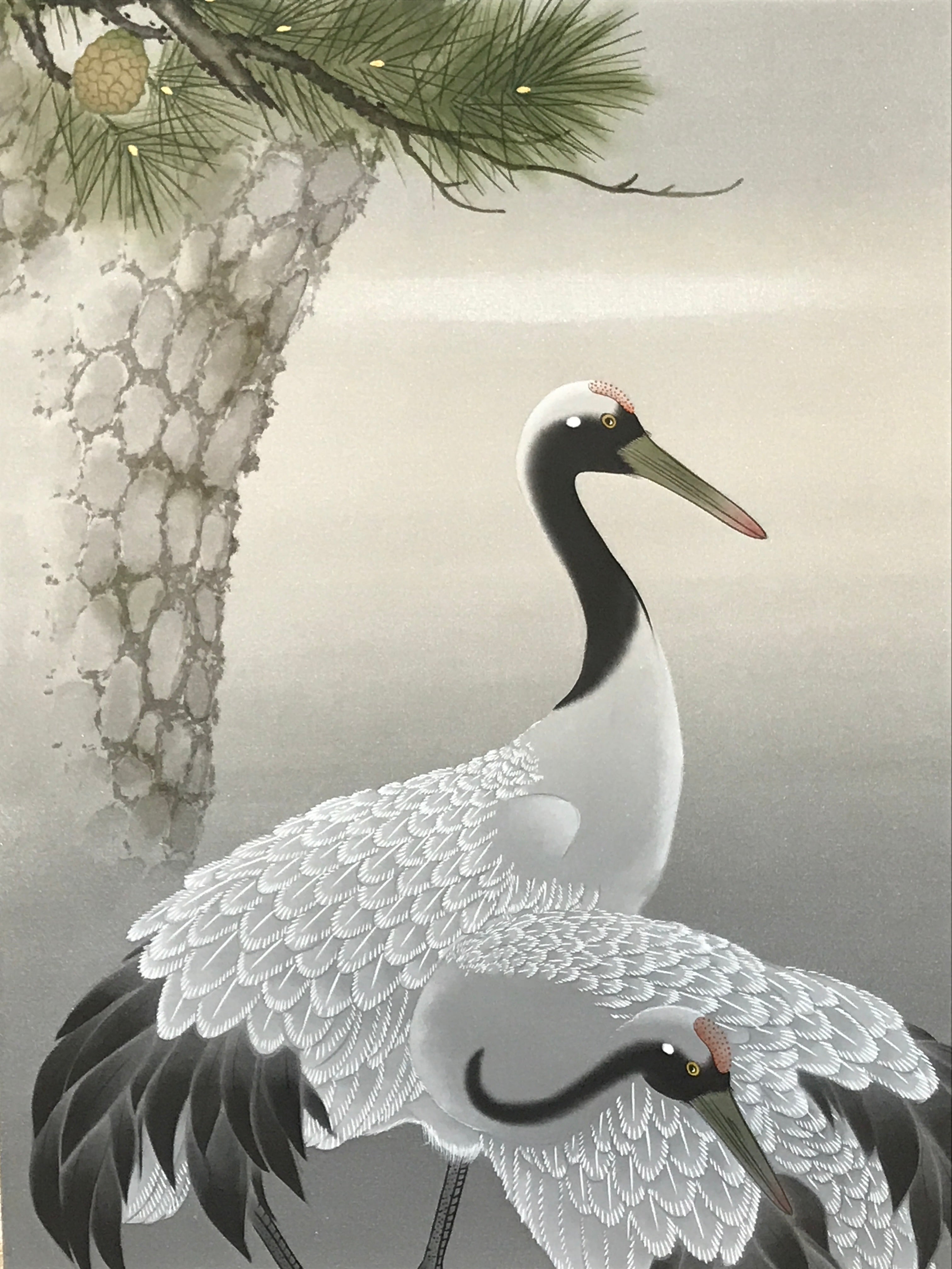 Japanese Boxed Hanging Scroll Kakejiku Vtg Pine Tree Cranes Red Sun Color KJ133