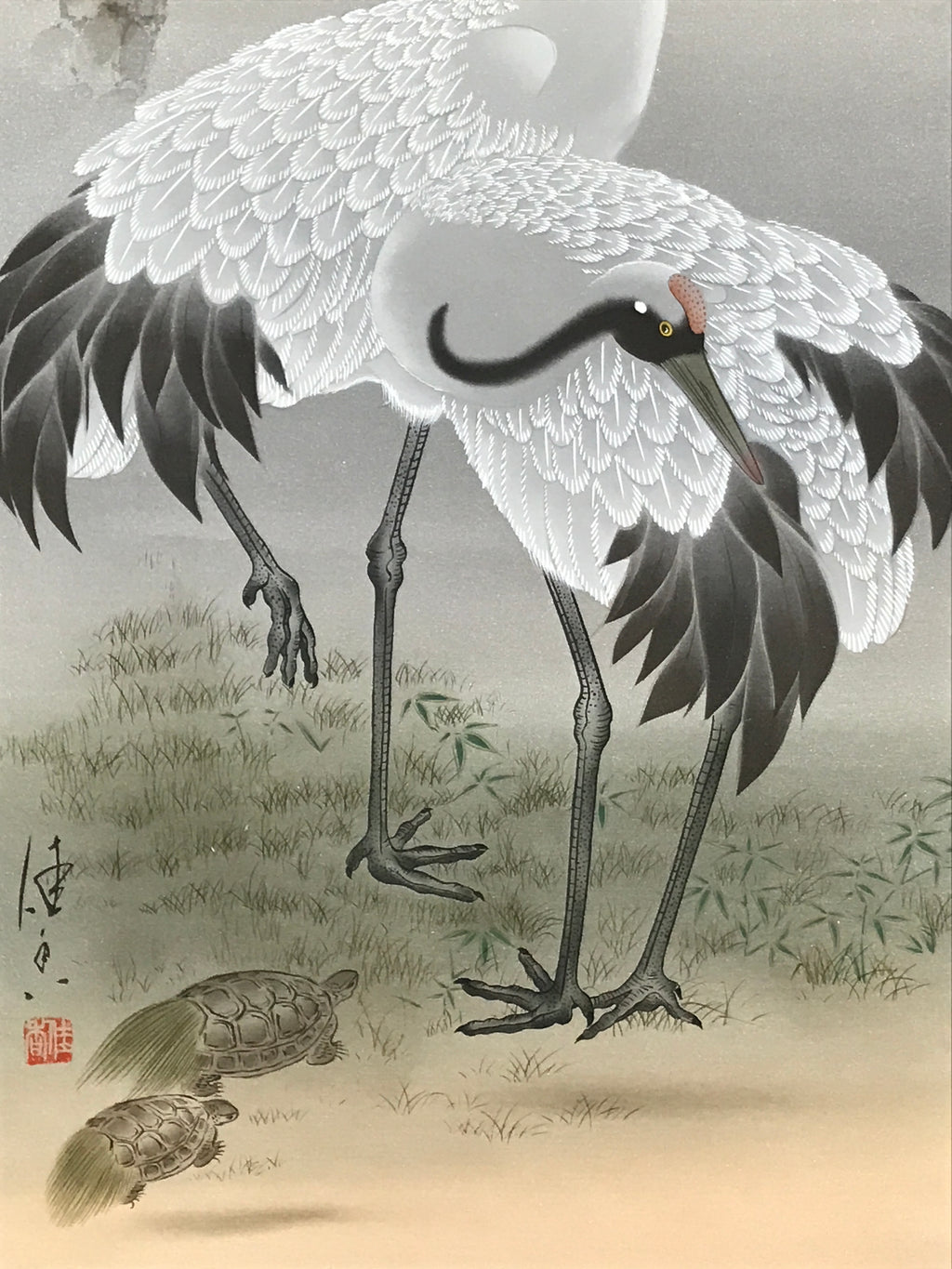 Japanese Boxed Hanging Scroll Kakejiku Vtg Pine Tree Cranes Red Sun Color KJ133