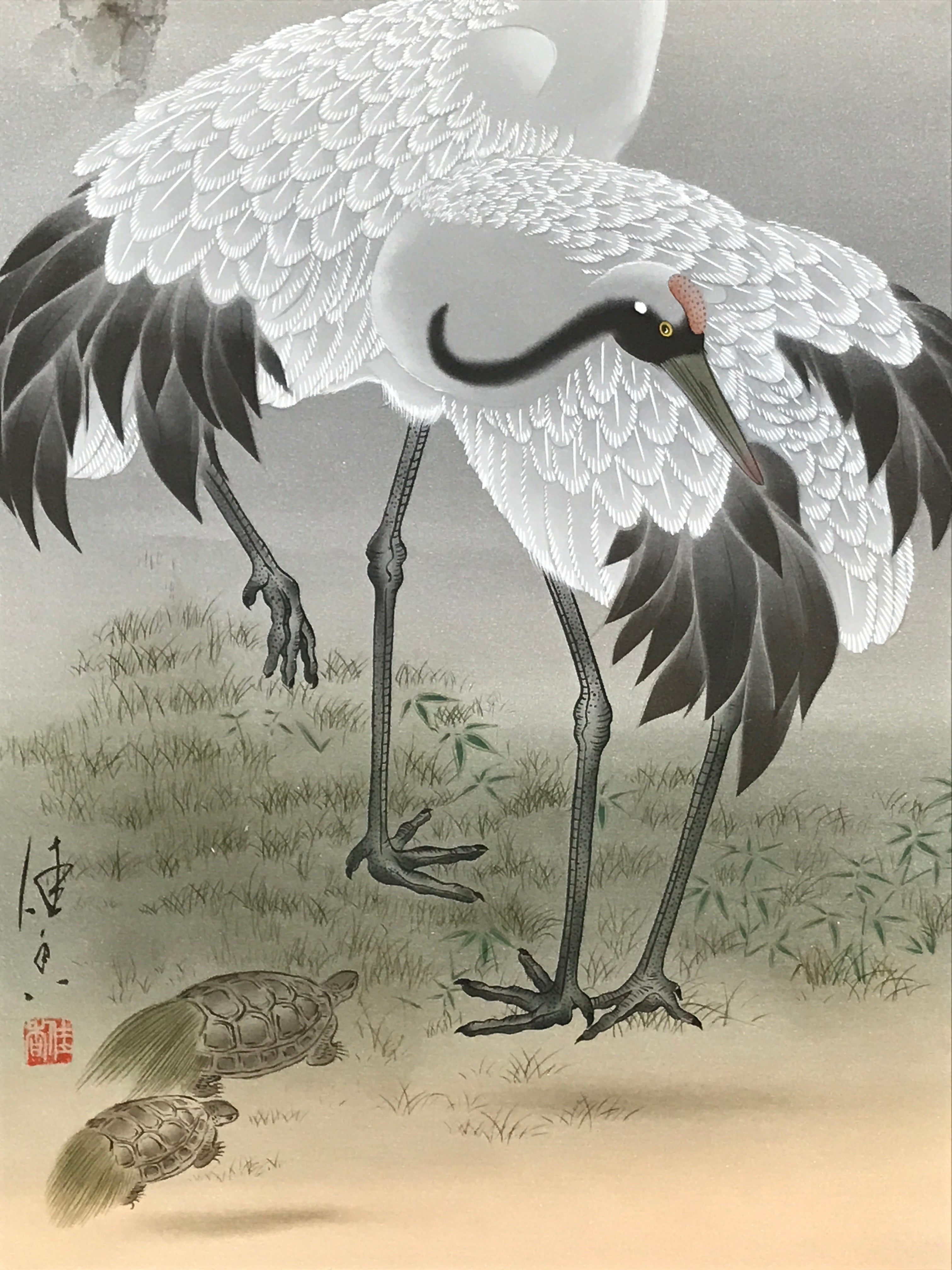Japanese Boxed Hanging Scroll Kakejiku Vtg Pine Tree Cranes Red Sun Color KJ133
