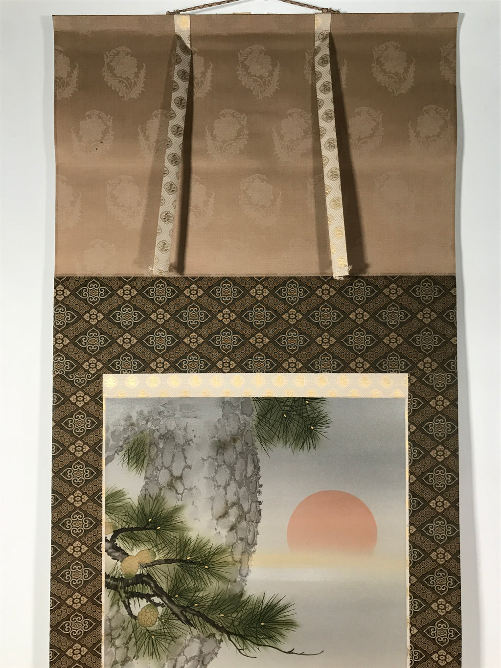 Japanese Boxed Hanging Scroll Kakejiku Vtg Pine Tree Cranes Red Sun Color KJ133
