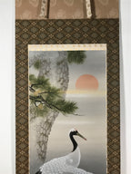 Japanese Boxed Hanging Scroll Kakejiku Vtg Pine Tree Cranes Red Sun Color KJ133