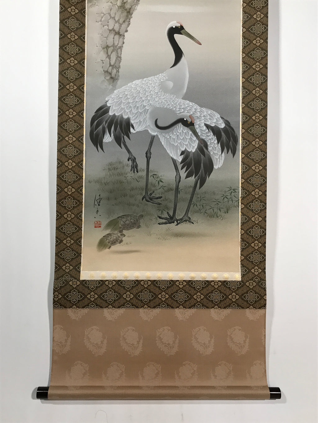 Japanese Boxed Hanging Scroll Kakejiku Vtg Pine Tree Cranes Red Sun Color KJ133