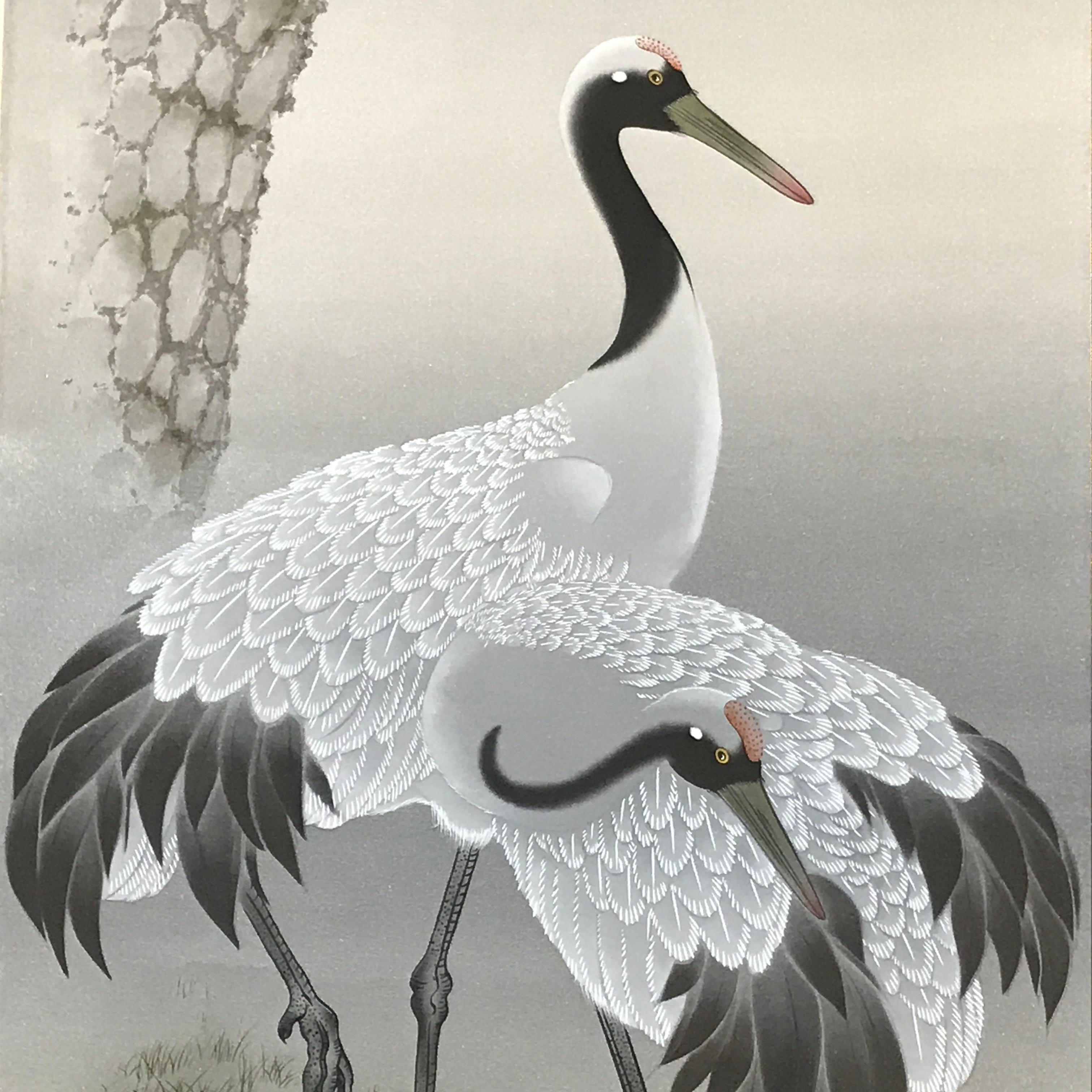 Japanese Boxed Hanging Scroll Kakejiku Vtg Pine Tree Cranes Red Sun Color KJ133