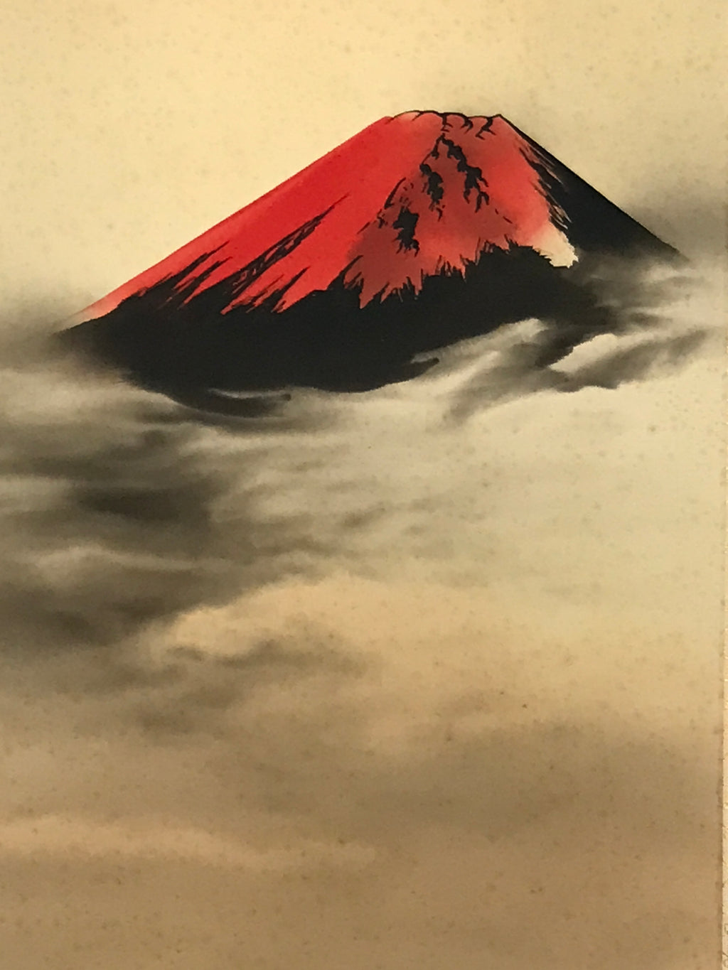 Japanese Boxed Hanging Scroll Kakejiku Vtg Red Mt Fuji Akafuji Waves Sea KJ154