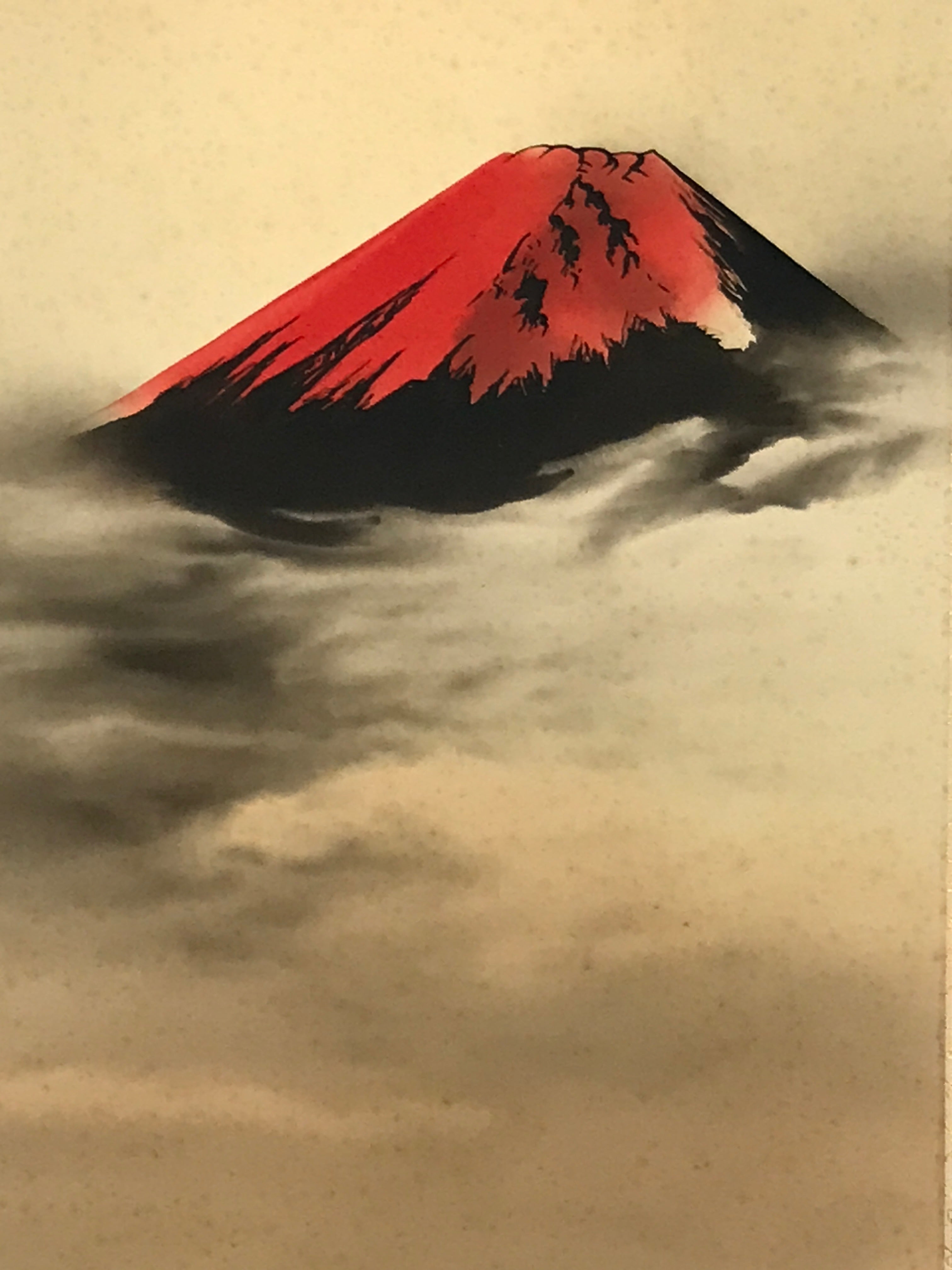 Japanese Boxed Hanging Scroll Kakejiku Vtg Red Mt Fuji Akafuji Waves Sea KJ154