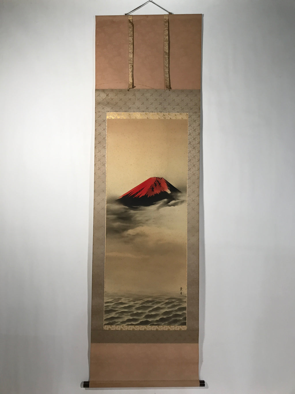 Japanese Boxed Hanging Scroll Kakejiku Vtg Red Mt Fuji Akafuji Waves Sea KJ154