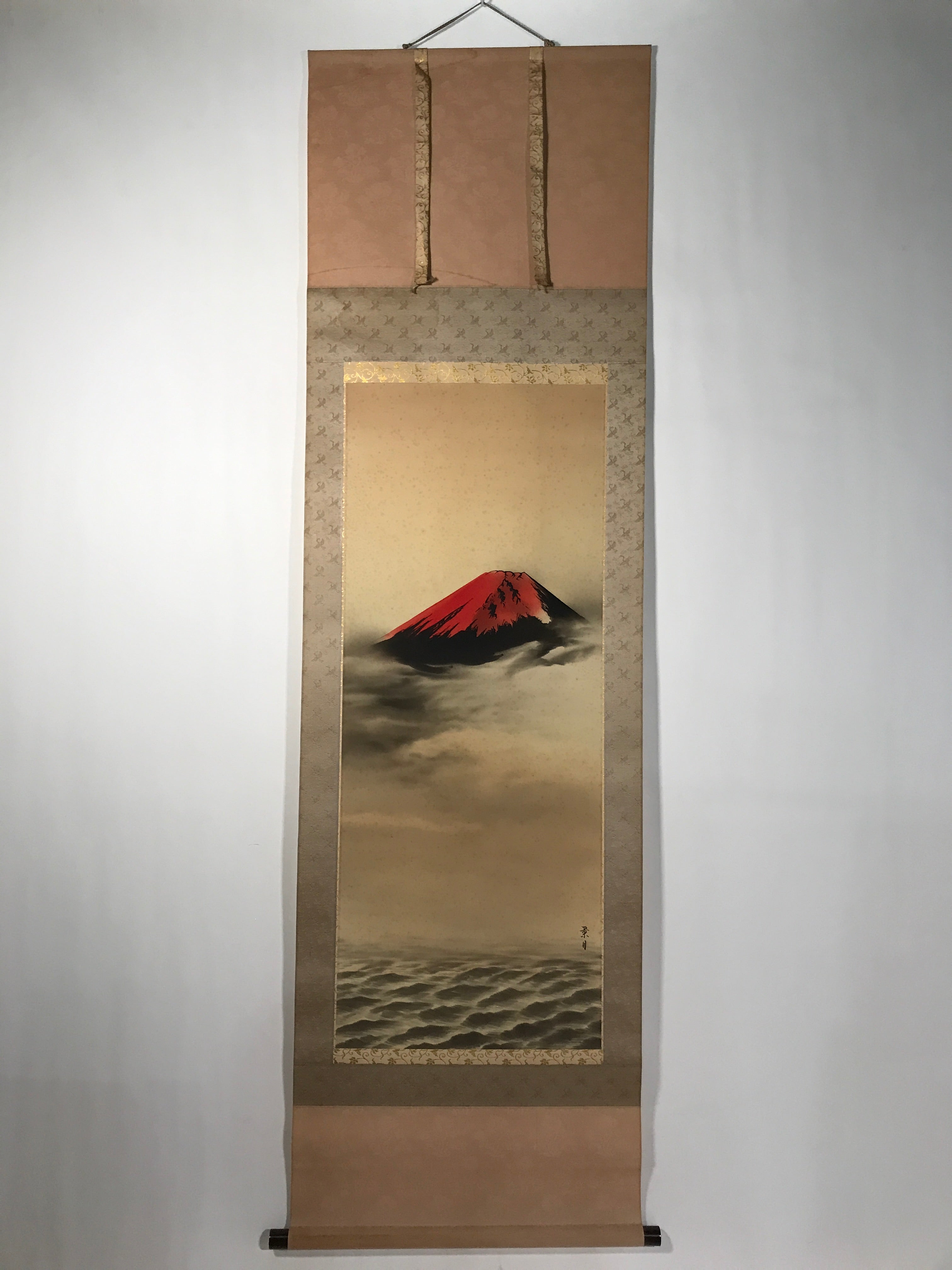 Japanese Boxed Hanging Scroll Kakejiku Vtg Red Mt Fuji Akafuji Waves Sea KJ154