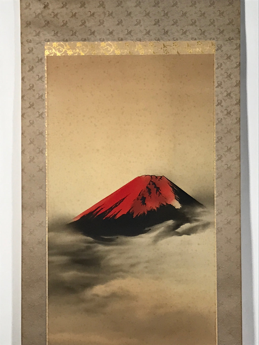 Japanese Boxed Hanging Scroll Kakejiku Vtg Red Mt Fuji Akafuji Waves Sea KJ154