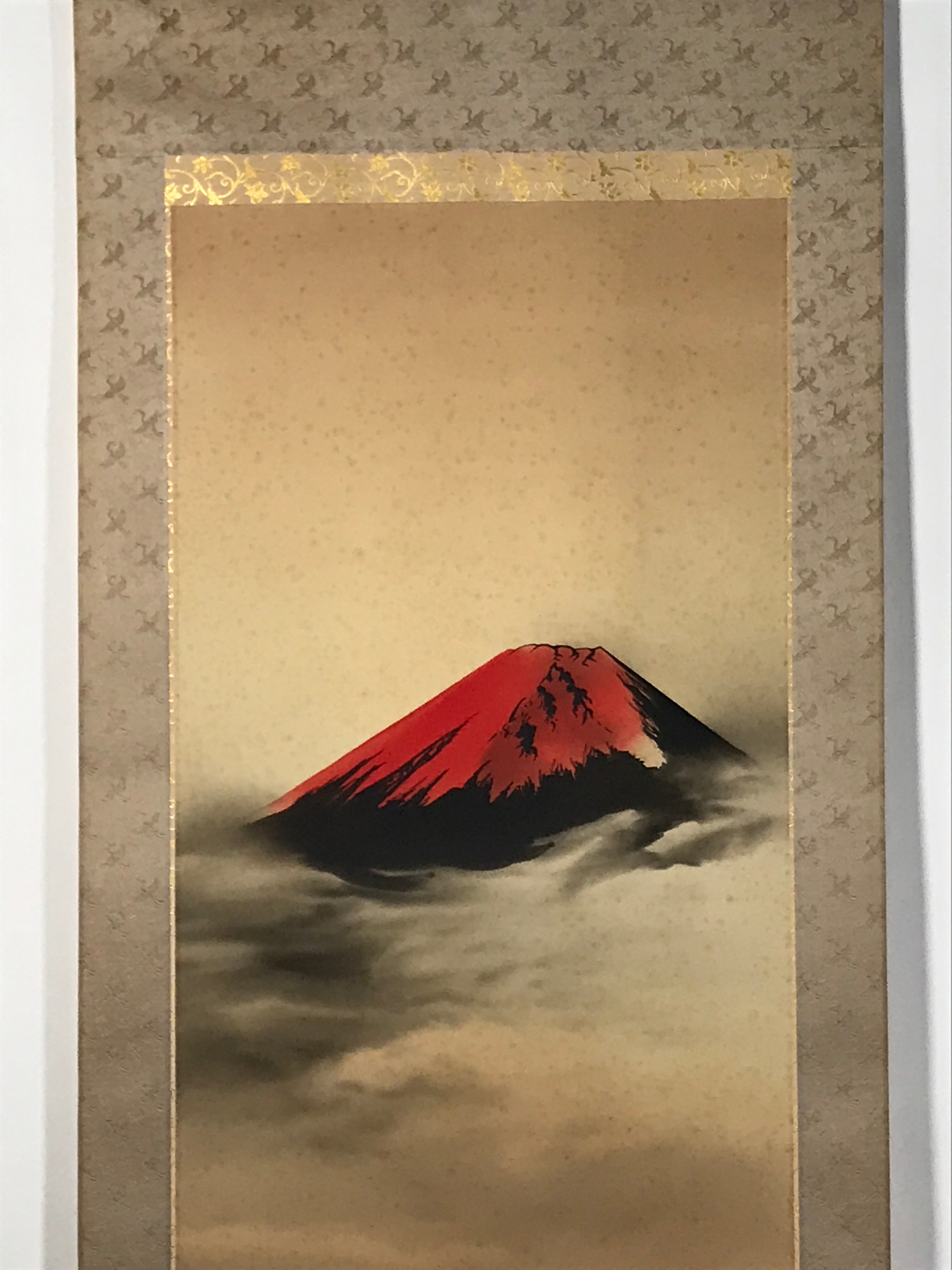 Japanese Boxed Hanging Scroll Kakejiku Vtg Red Mt Fuji Akafuji Waves Sea KJ154
