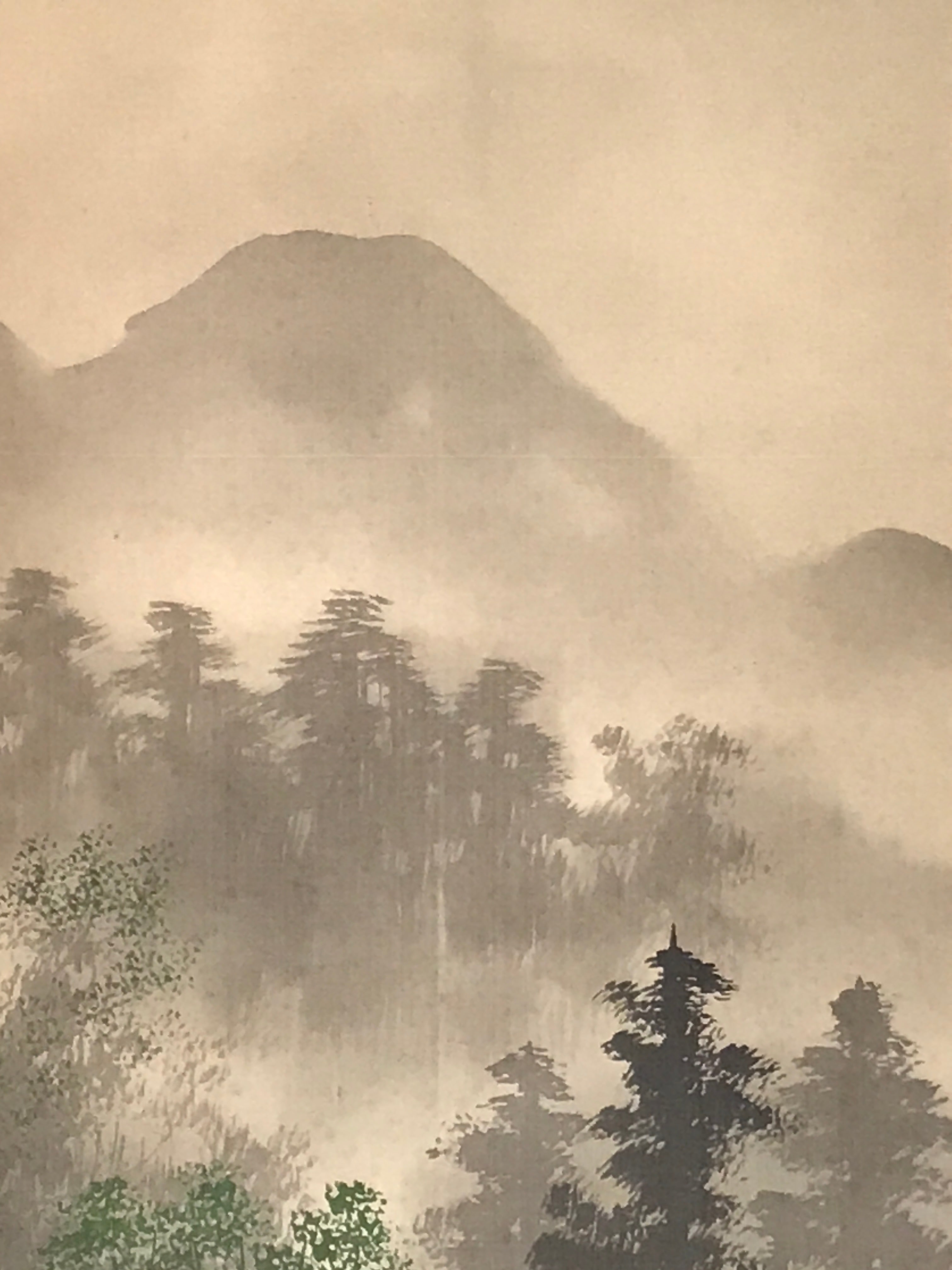 Japanese Boxed Hanging Scroll Kakejiku Vtg River Boat House Mountain Color KJ156