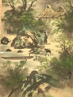 Japanese Boxed Hanging Scroll Kakejiku Vtg River Boat House Mountain Color KJ156