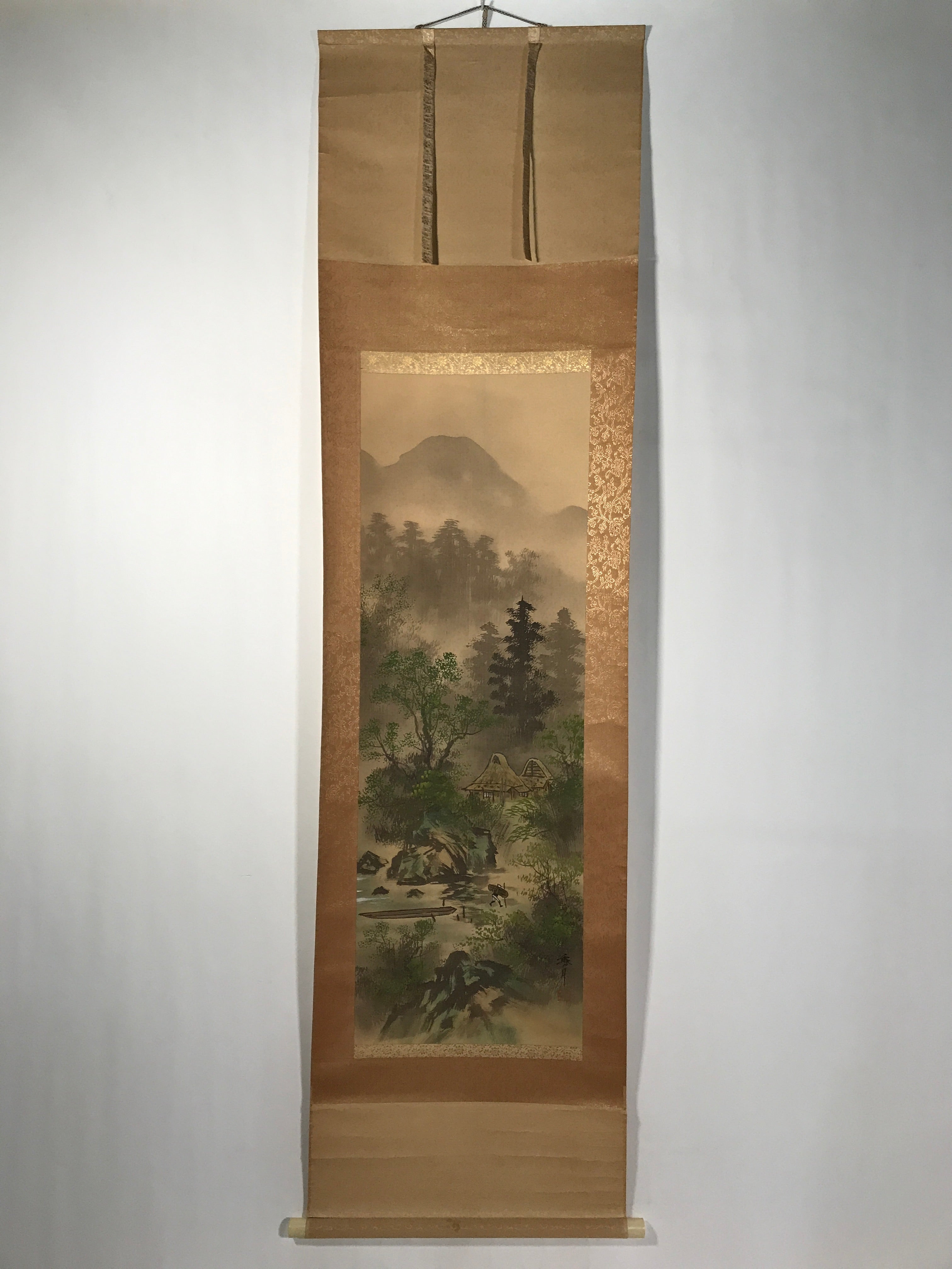 Japanese Boxed Hanging Scroll Kakejiku Vtg River Boat House Mountain Color KJ156