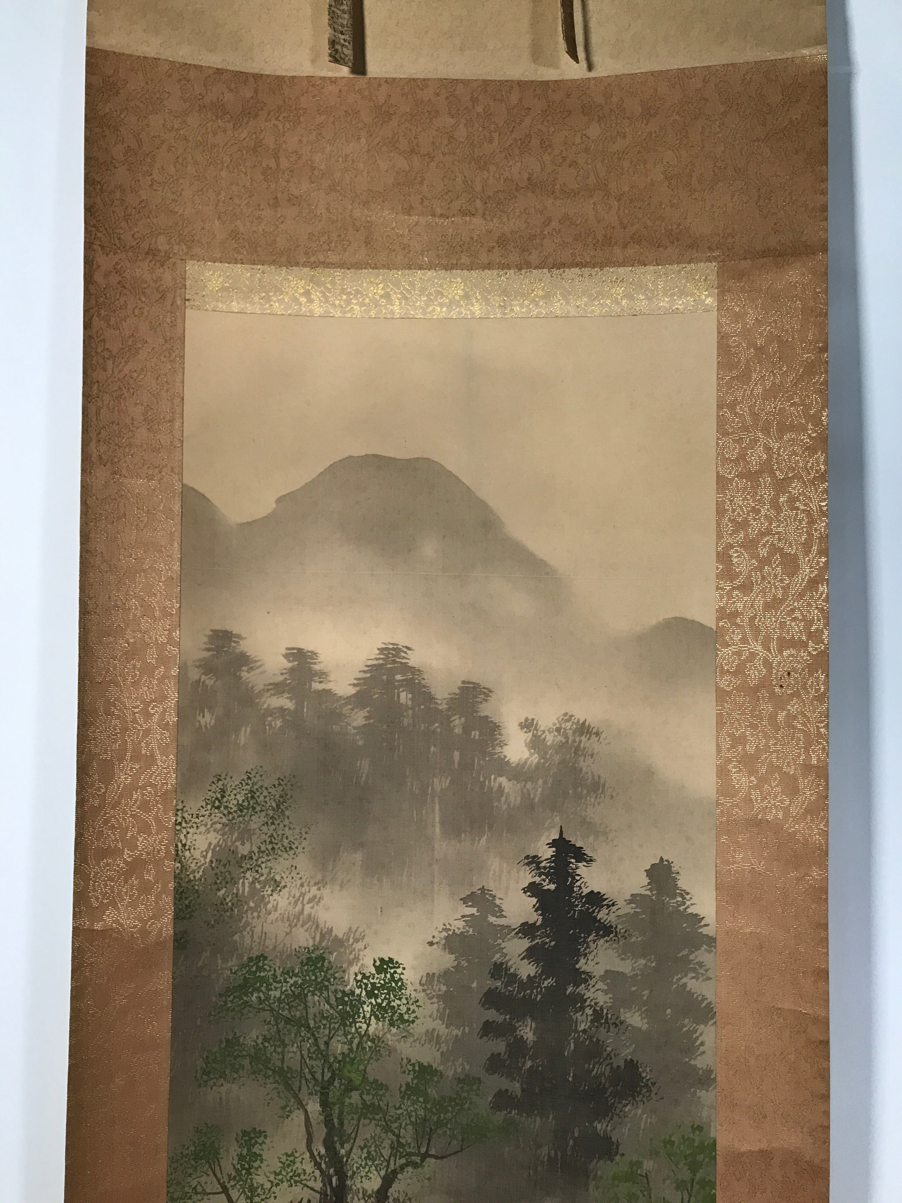 Japanese Boxed Hanging Scroll Kakejiku Vtg River Boat House Mountain Color KJ156