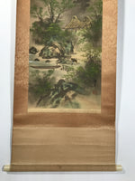 Japanese Boxed Hanging Scroll Kakejiku Vtg River Boat House Mountain Color KJ156
