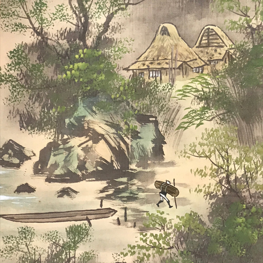 Japanese Boxed Hanging Scroll Kakejiku Vtg River Boat House Mountain Color KJ156