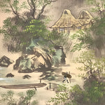 Japanese Boxed Hanging Scroll Kakejiku Vtg River Boat House Mountain Color KJ156