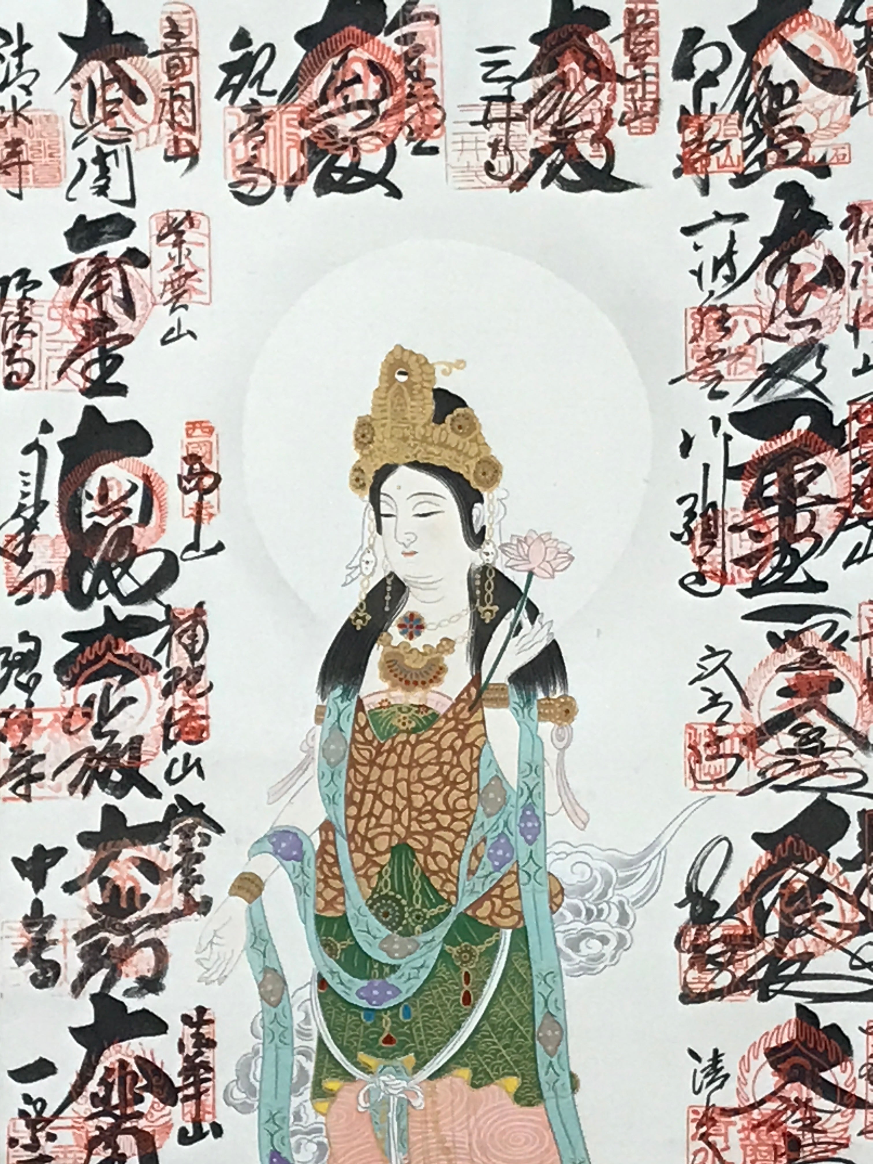 Japanese Boxed Hanging Scroll Kakejiku Vtg Saigoku Kannon Pilgrimage Color KJ134