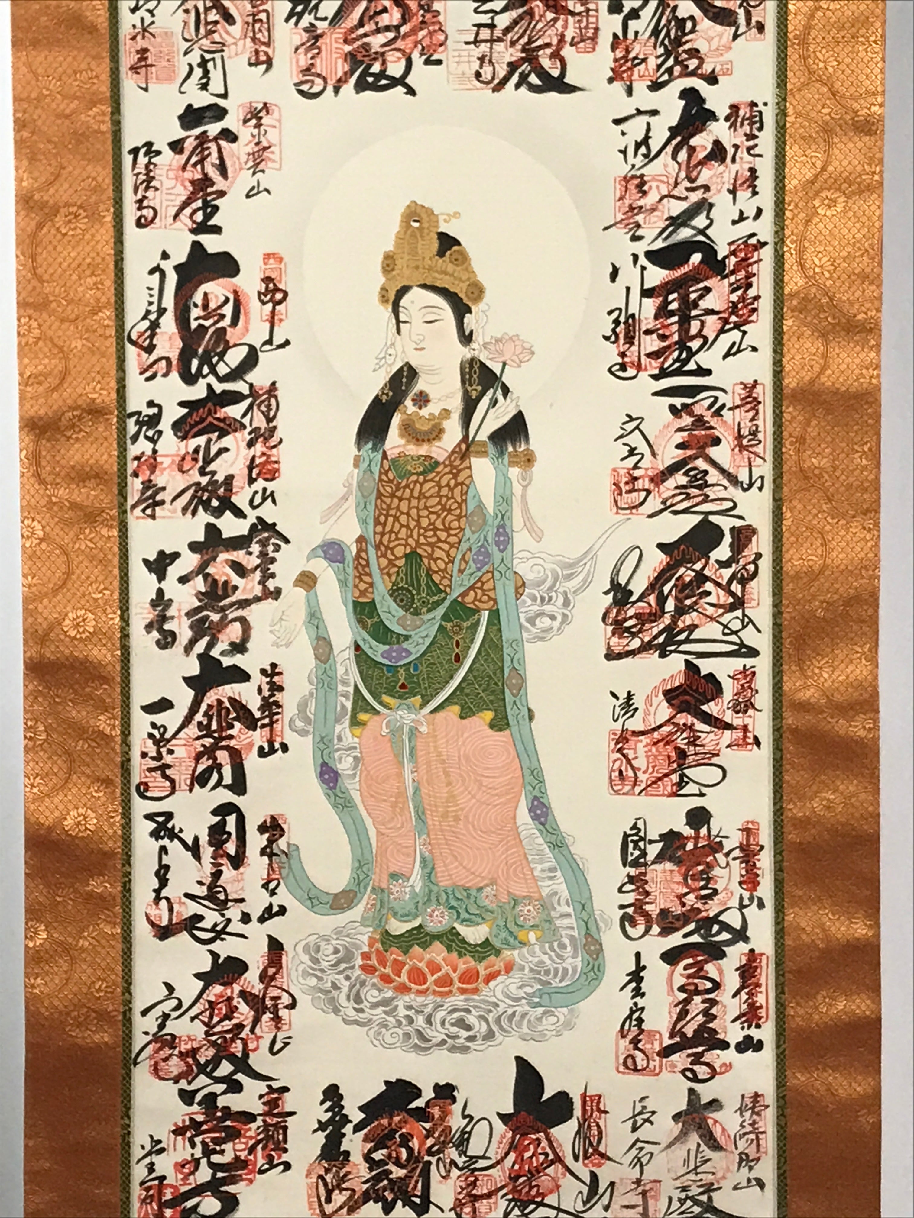 Japanese Boxed Hanging Scroll Kakejiku Vtg Saigoku Kannon Pilgrimage Color KJ134