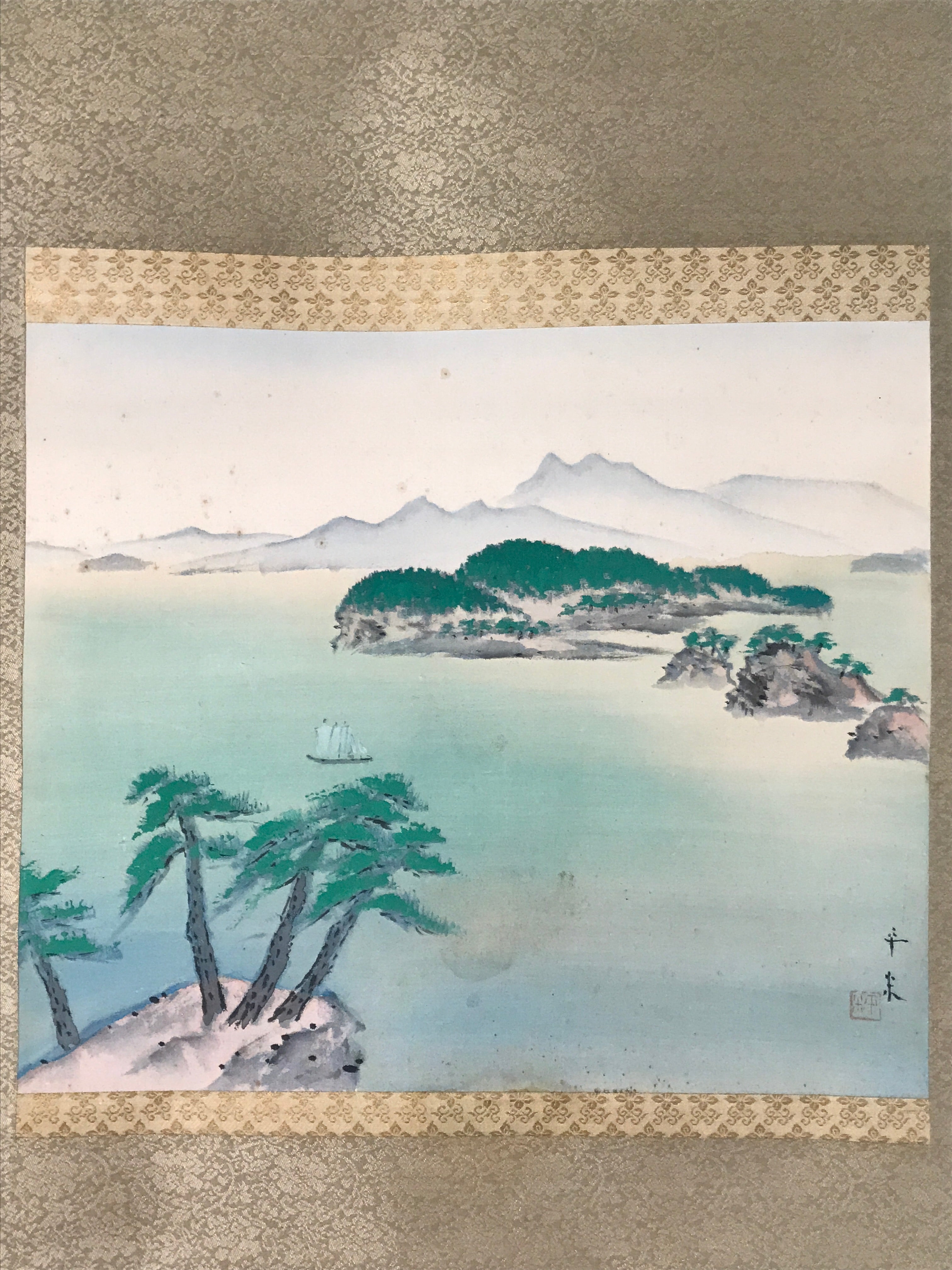 Japanese Boxed Hanging Scroll Kakejiku Vtg Seto Inland Sea Landscape Color KJ137