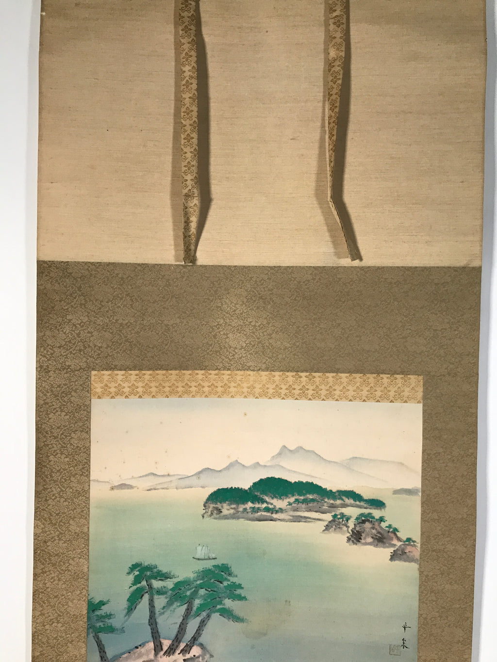 Japanese Boxed Hanging Scroll Kakejiku Vtg Seto Inland Sea Landscape Color KJ137