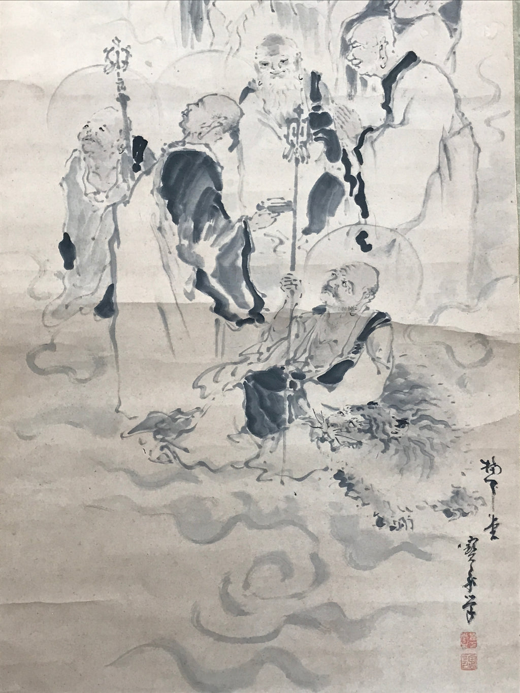 Japanese Boxed Hanging Scroll Kakejiku Vtg Sixteen Arhats Zen Buddhism KJ155