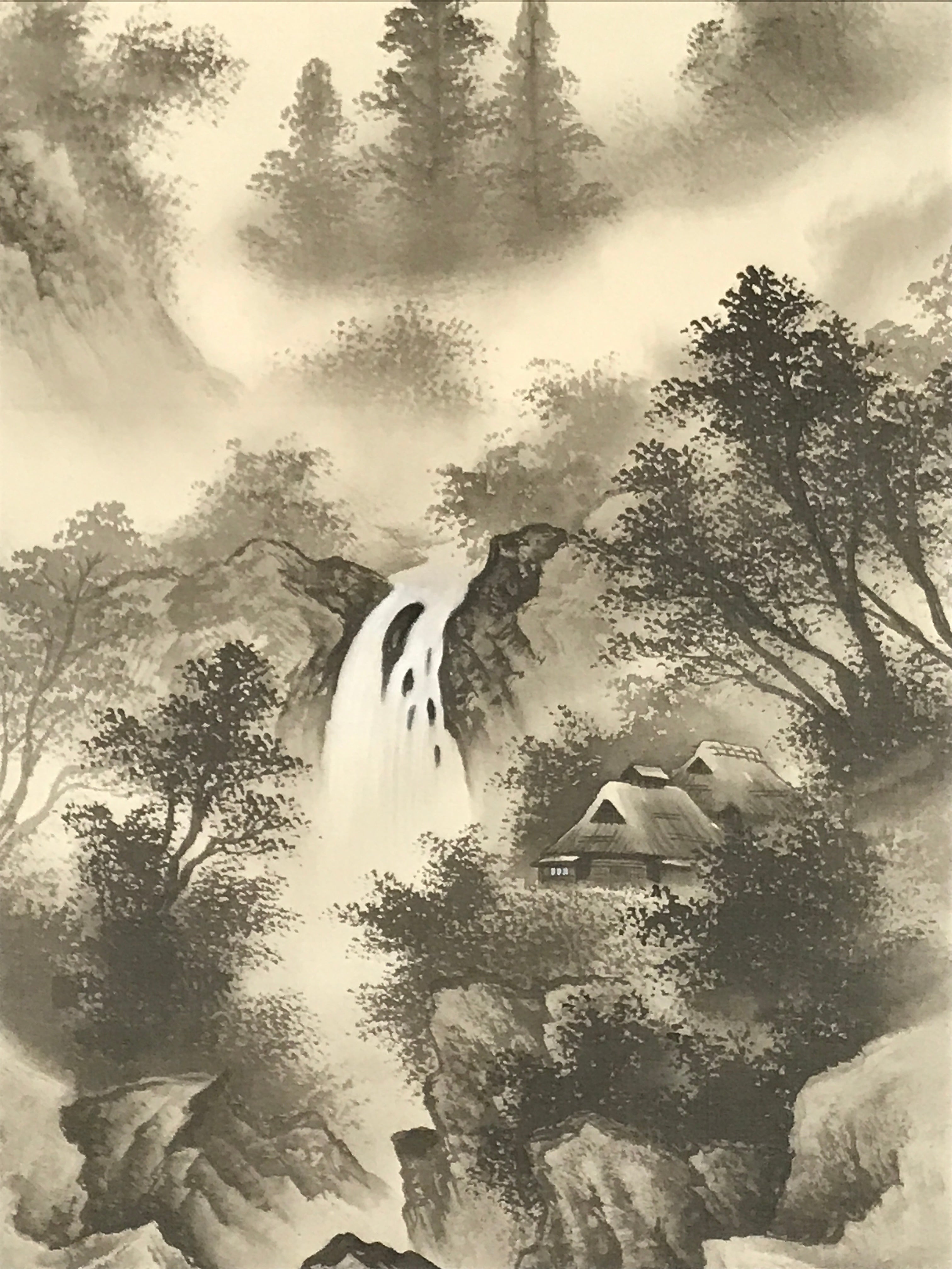 Japanese Boxed Hanging Scroll Kakejiku Vtg Waterfall Mountains Black White KJ141