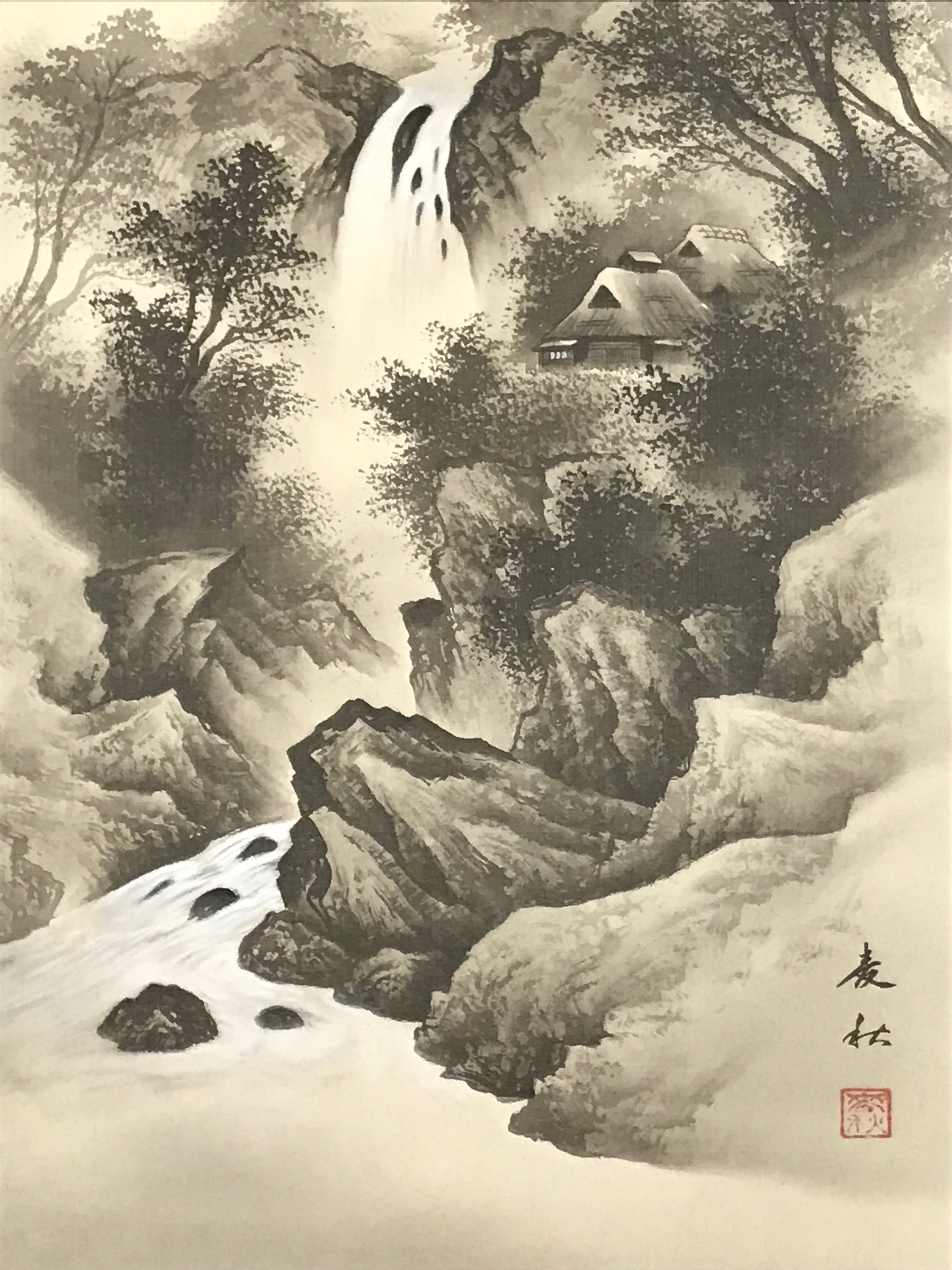 Japanese Boxed Hanging Scroll Kakejiku Vtg Waterfall Mountains Black White KJ141