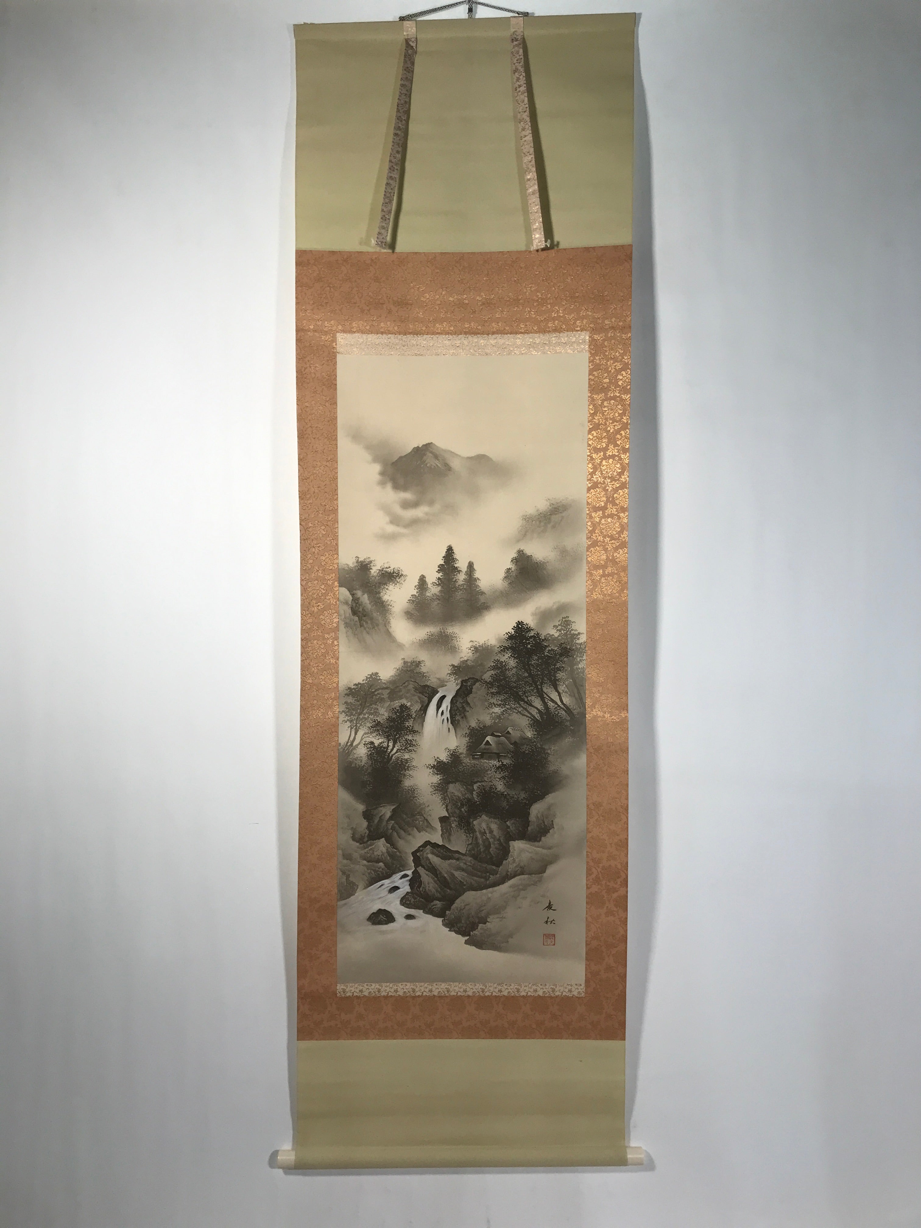 Japanese Boxed Hanging Scroll Kakejiku Vtg Waterfall Mountains Black White KJ141