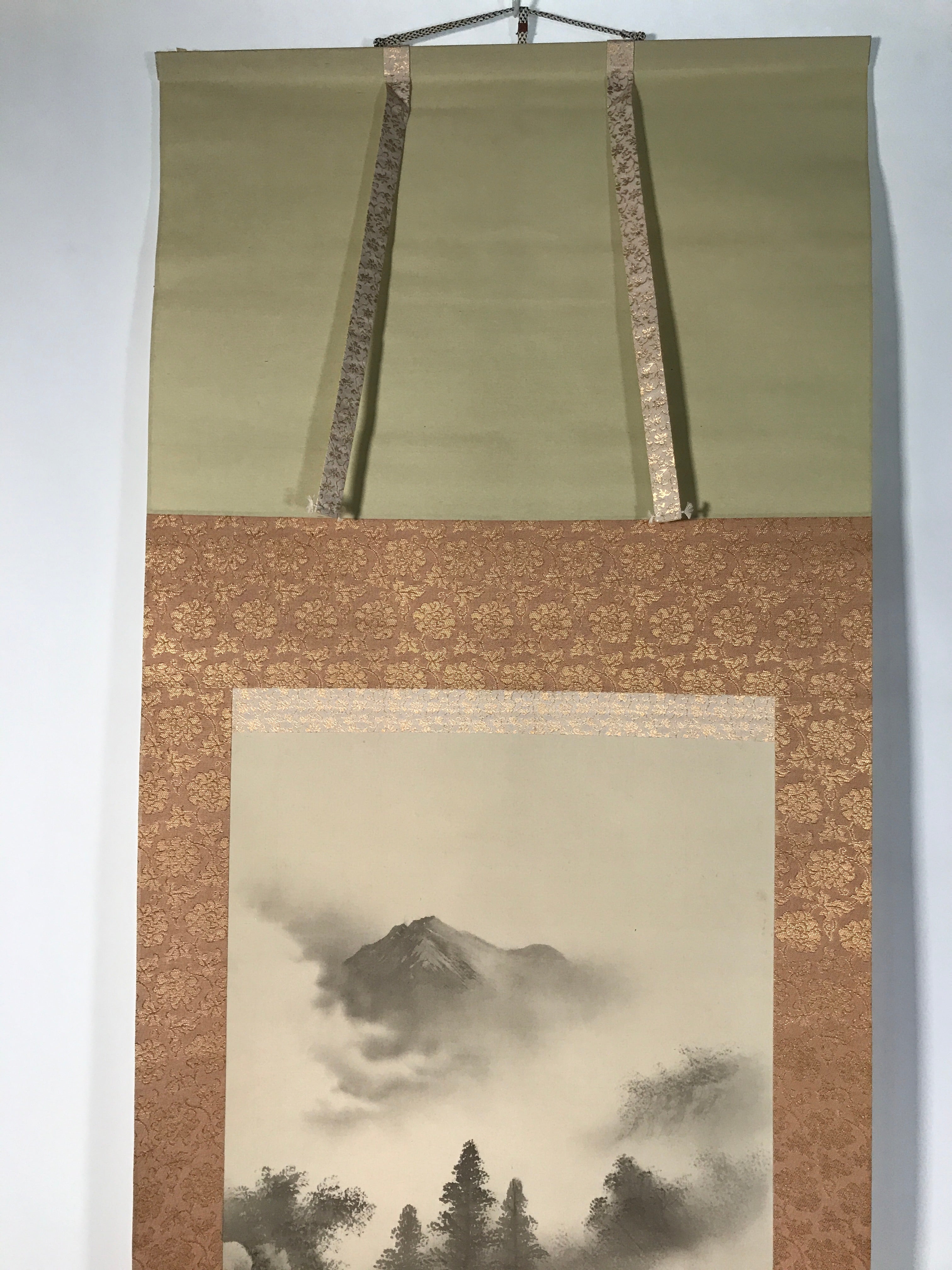 Japanese Boxed Hanging Scroll Kakejiku Vtg Waterfall Mountains Black White KJ141
