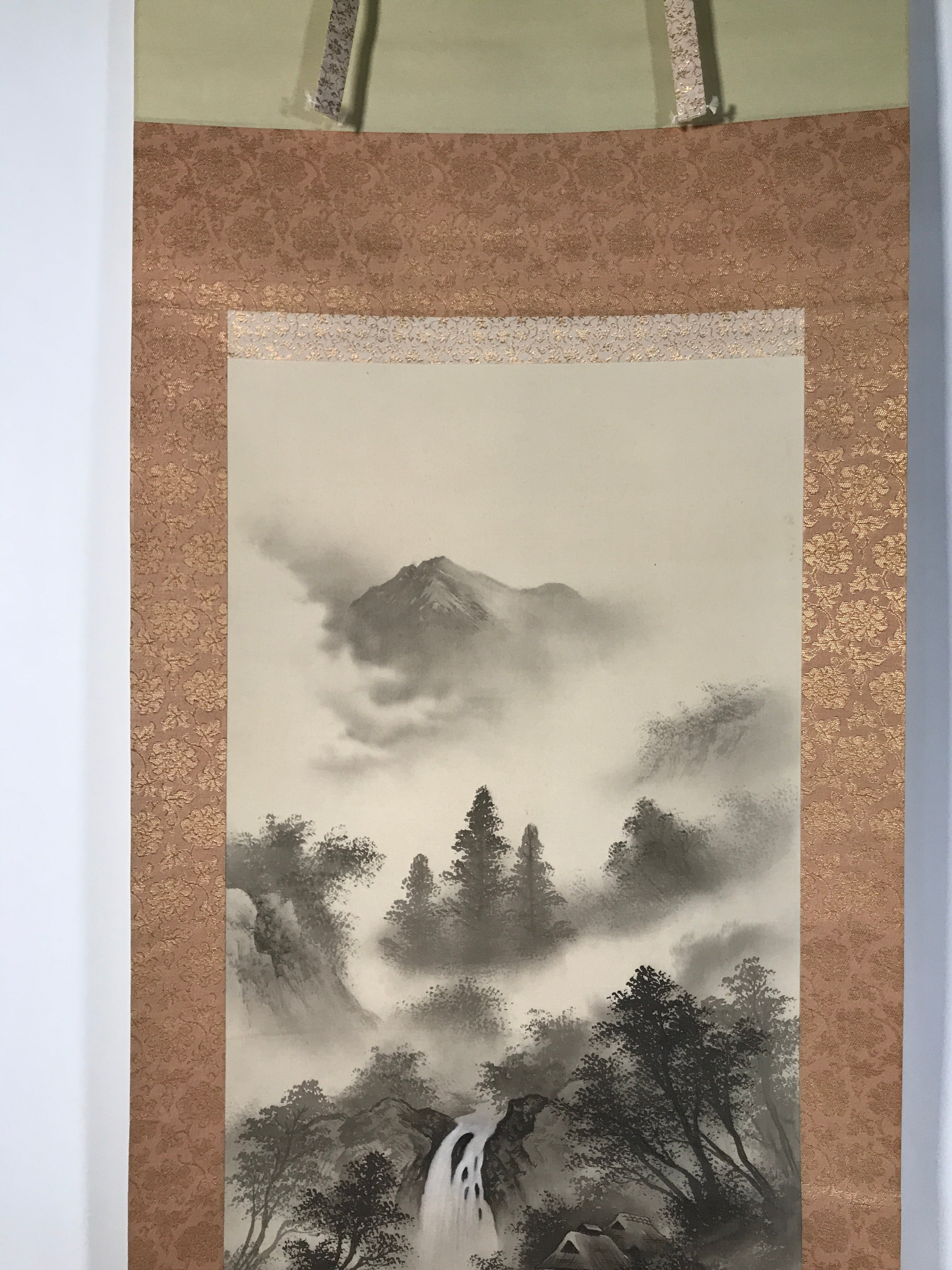 Japanese Boxed Hanging Scroll Kakejiku Vtg Waterfall Mountains Black White KJ141