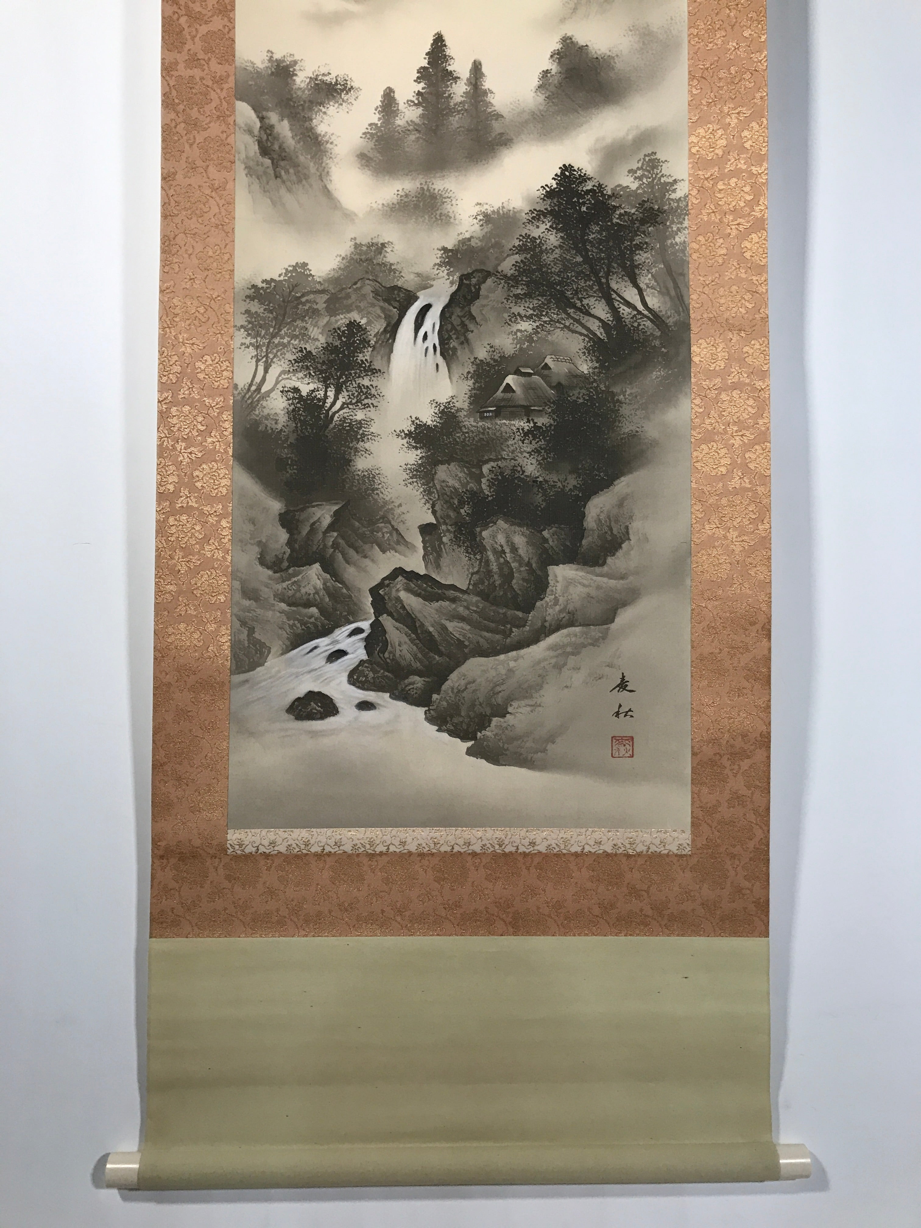 Japanese Boxed Hanging Scroll Kakejiku Vtg Waterfall Mountains Black White KJ141