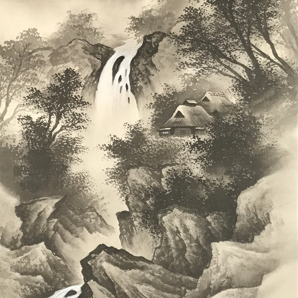 Japanese Boxed Hanging Scroll Kakejiku Vtg Waterfall Mountains Black White KJ141