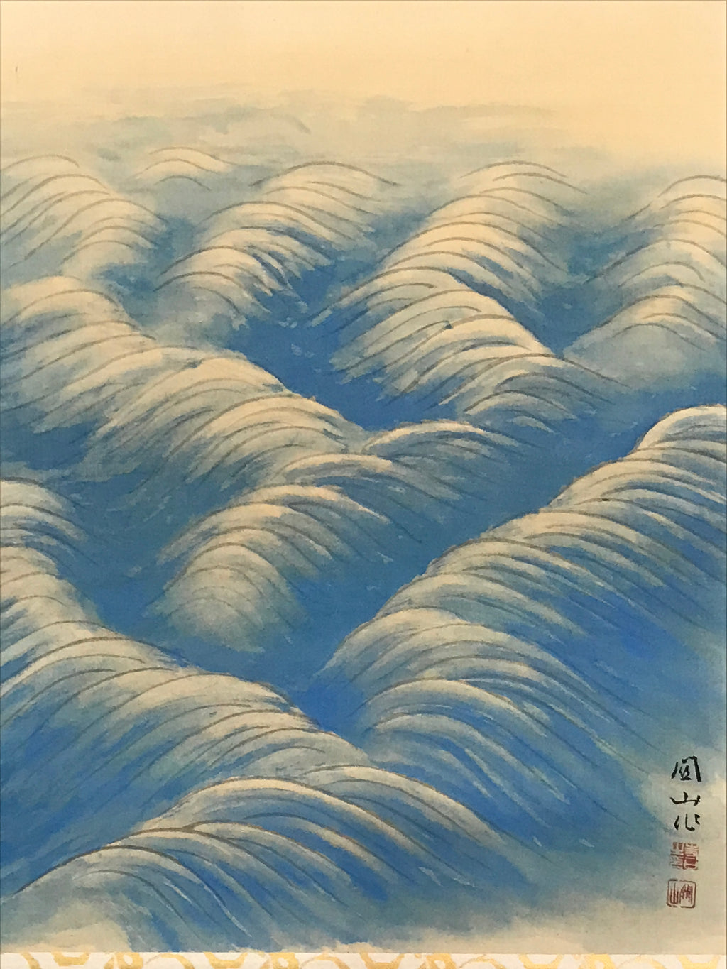 Japanese Boxed Hanging Scroll Kakejiku Vtg Waves Rising Sun Seascape Color KJ164