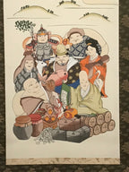 Japanese Boxed Hanging Scroll Vtg 7 Lucky Gods Kakejiku Chagake SC973