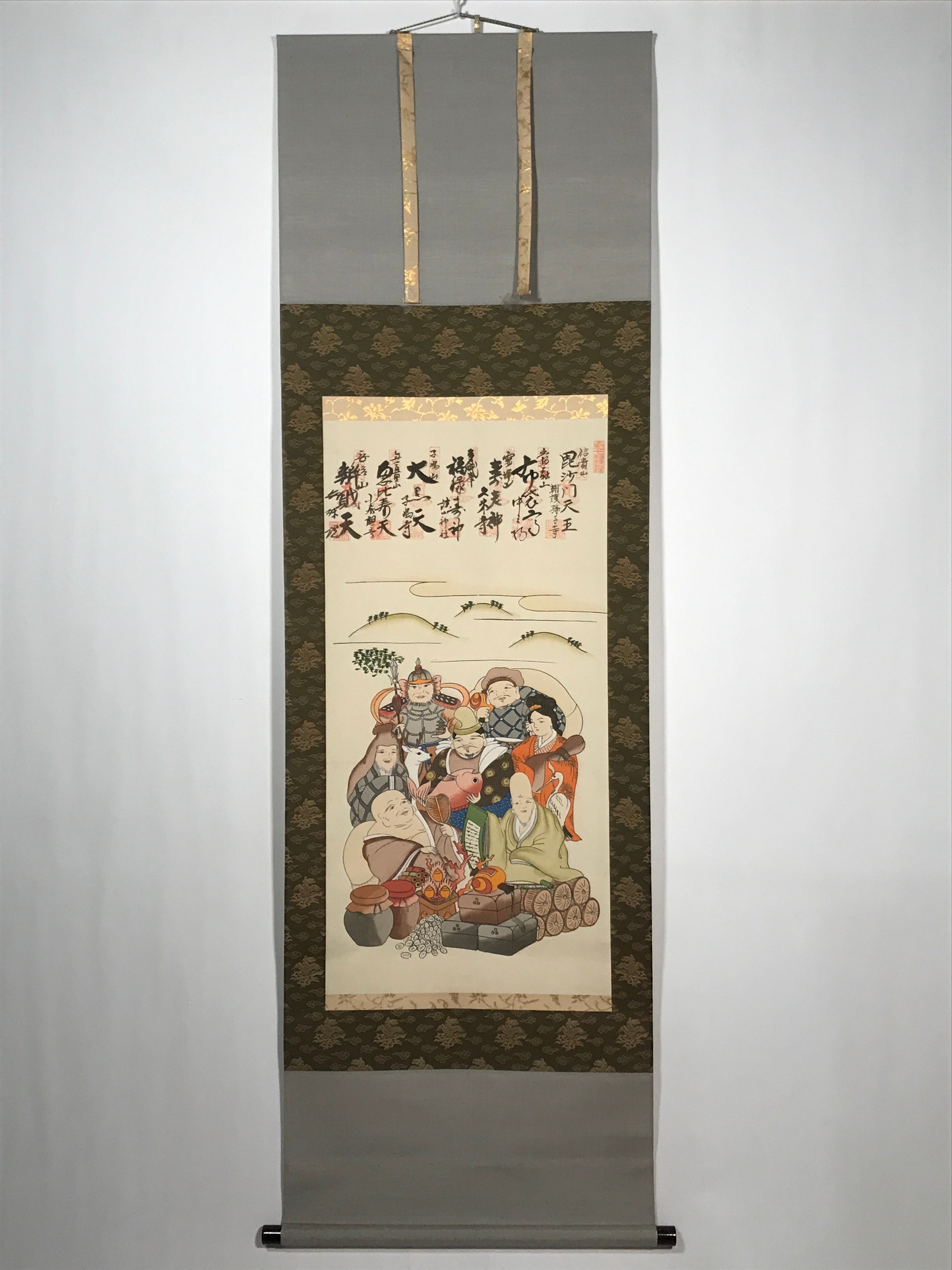 Japanese Boxed Hanging Scroll Vtg 7 Lucky Gods Kakejiku Chagake SC973