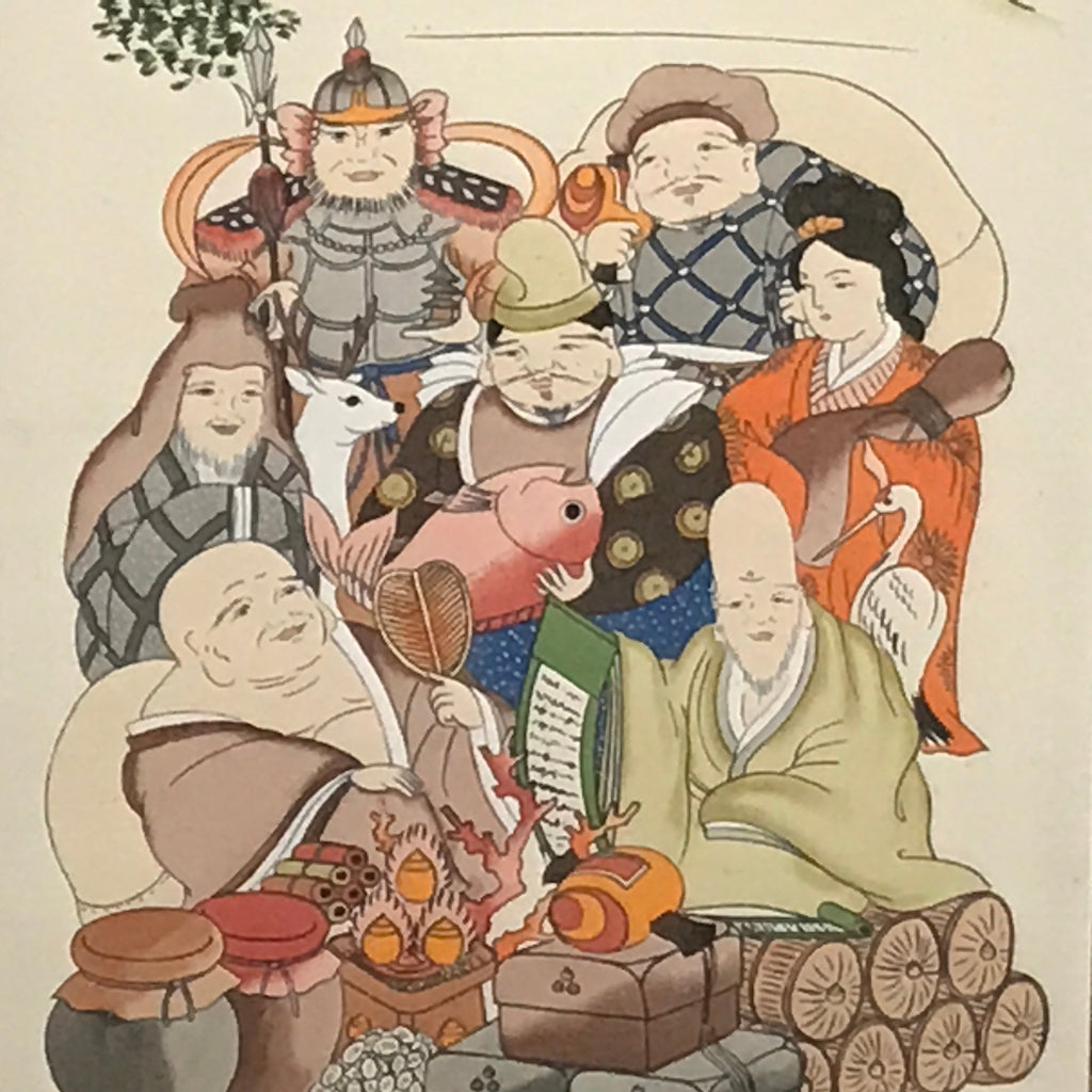 Japanese Boxed Hanging Scroll Vtg 7 Lucky Gods Kakejiku Chagake SC973