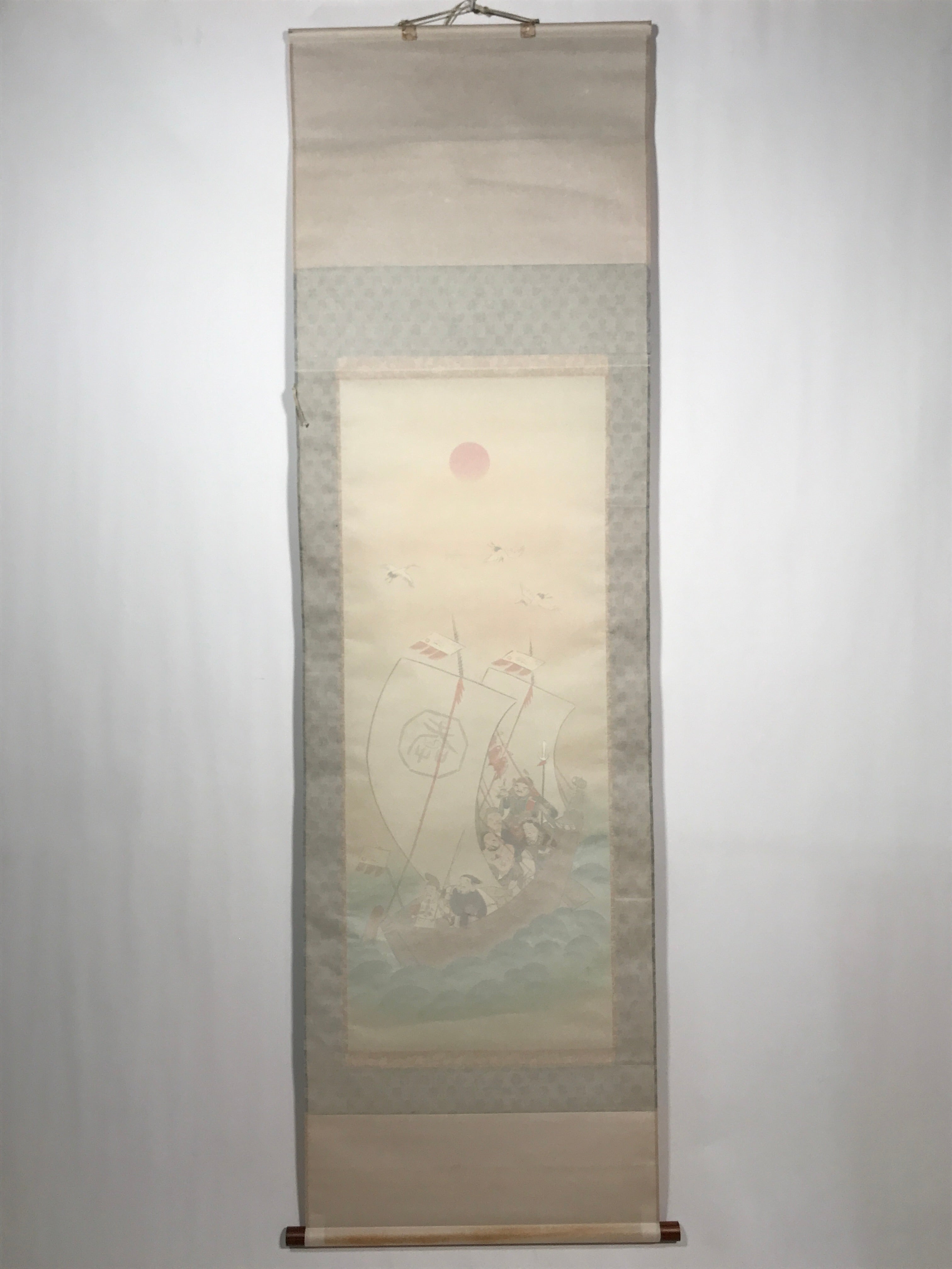 Japanese Boxed Hanging Scroll Vtg 7 Lucky Gods Takarabune Ship Kakejiku SC976