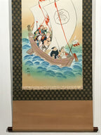 Japanese Boxed Hanging Scroll Vtg 7 Lucky Gods Takarabune Ship Kakejiku SC976