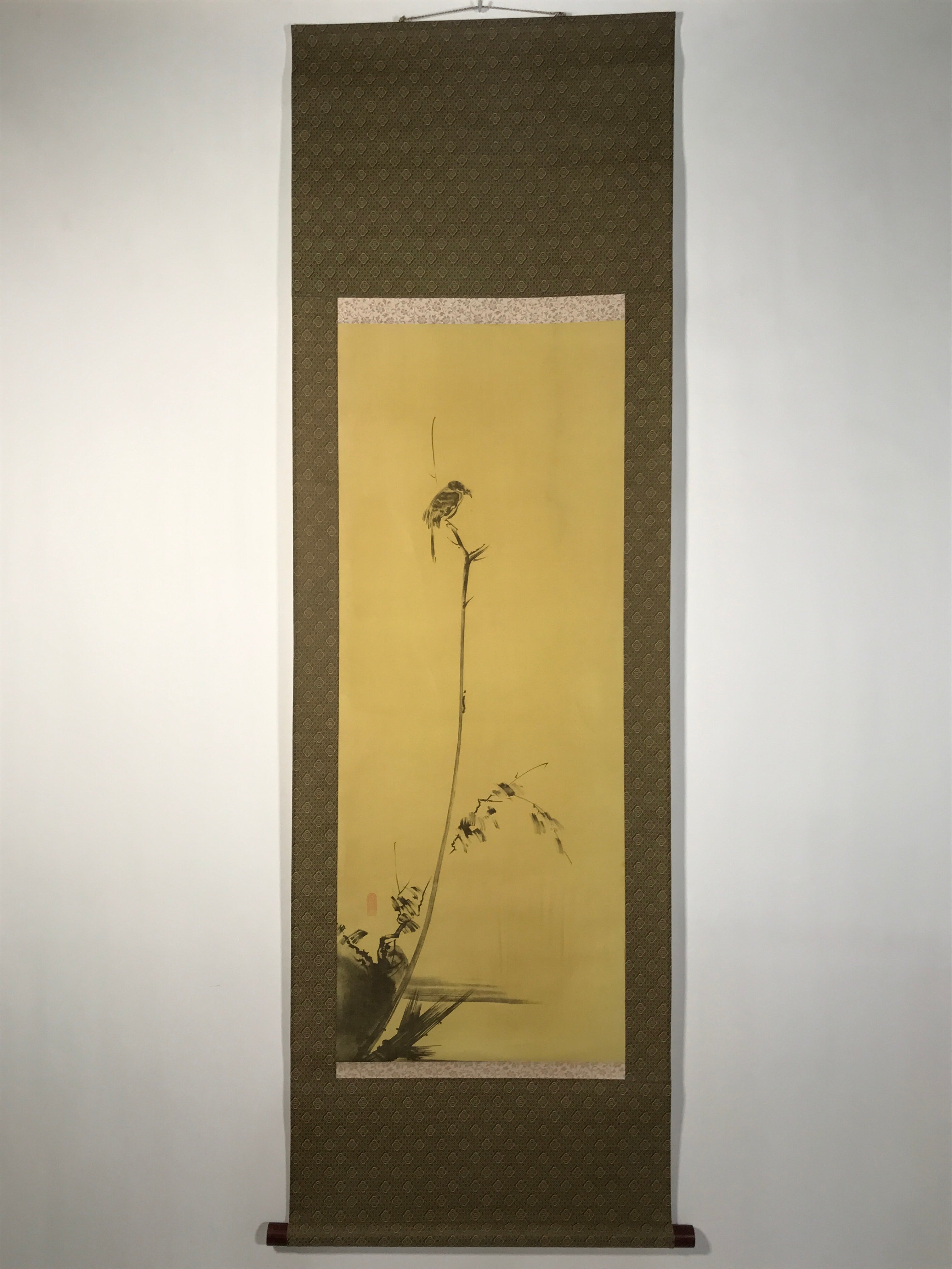 Japanese Boxed Hanging Scroll Vtg Bird Singing Old Tree Miyamoto Musashi KJ145