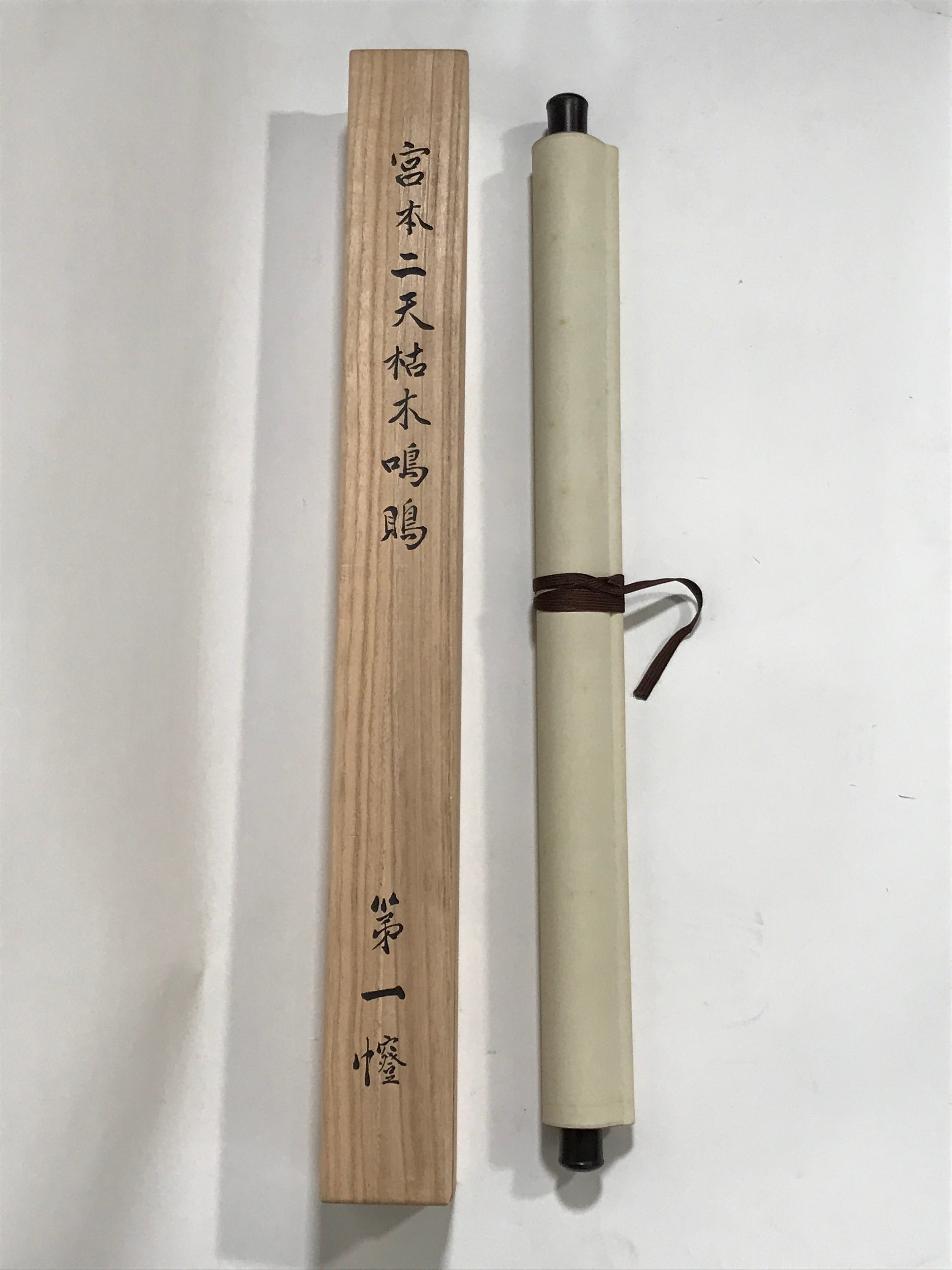 Japanese Boxed Hanging Scroll Vtg Bird Singing Old Tree Miyamoto Musashi KJ33