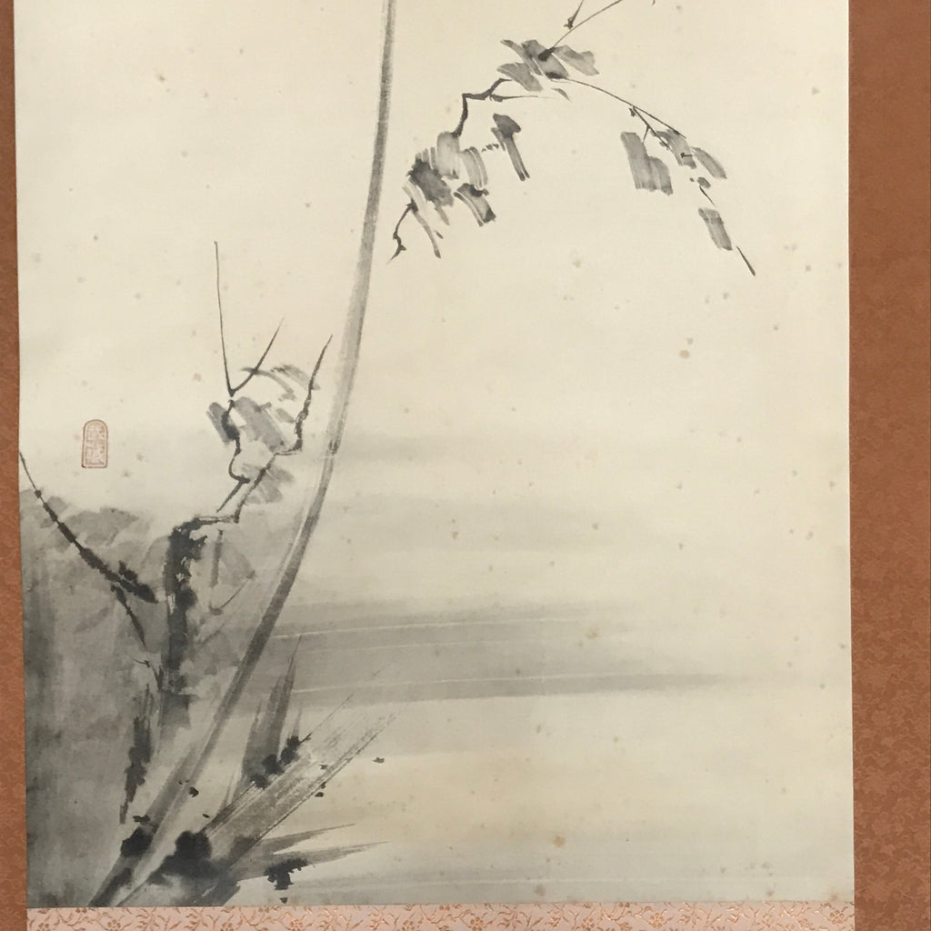 Japanese Boxed Hanging Scroll Vtg Bird Singing Old Tree Miyamoto Musashi KJ33
